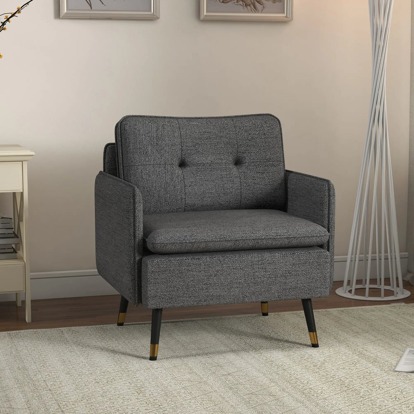 Modern Armchair, Upholstered Accent Chair with Tufted Back Cushion and Steel Legs in Dark Grey