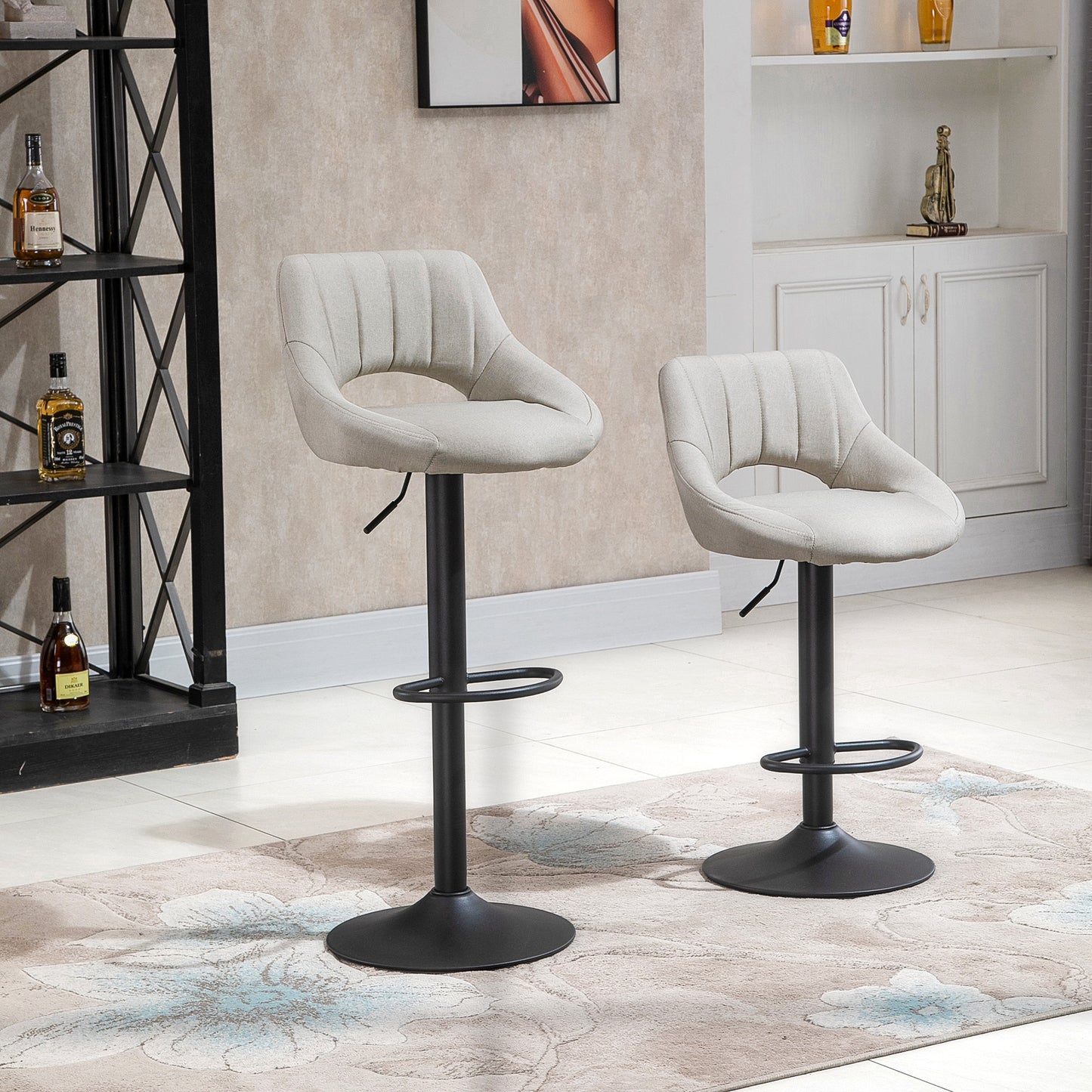 Bar Stools Set of 2, Swivel Counter Height Barstools with Adjustable Height, Linen Upholstered Bar Chairs with Round Metal Base and Footrest, Cream