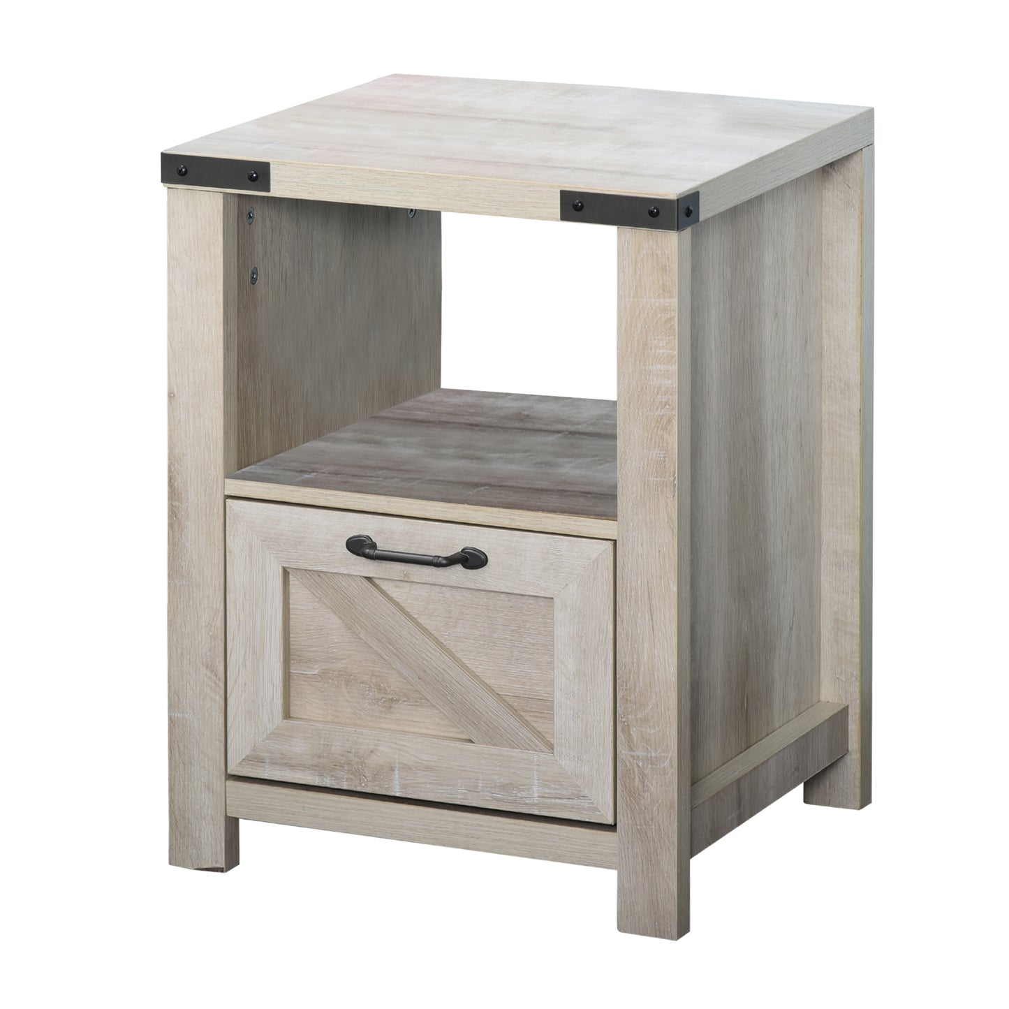 Side Table with Storage, Farmhouse End Table with Drawer, Open Shelf and Barn-style Panel, Accent Table for Living Room, Bedroom, Oak