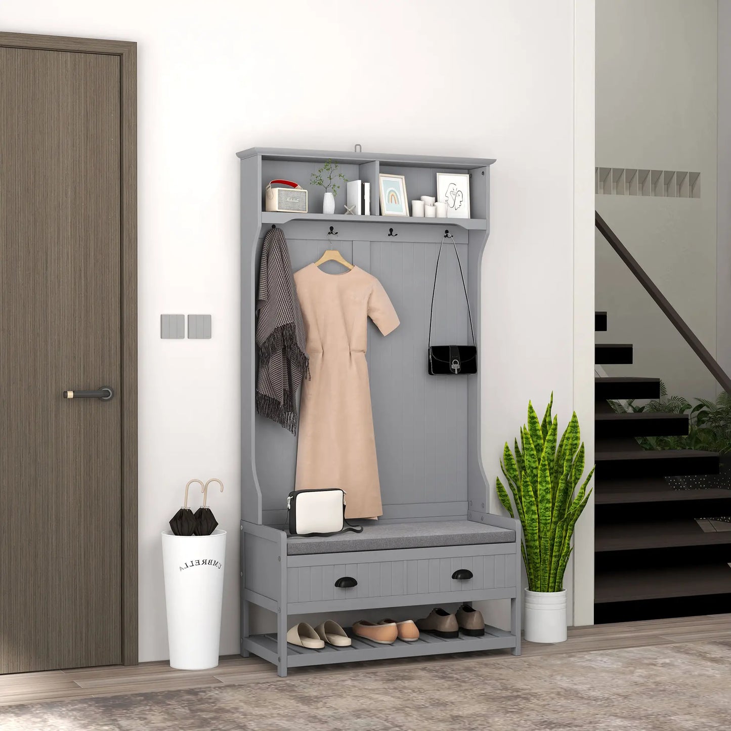 Clothing Storage, Coat Stand, Shoe Storage Bench Organizer with Coat Hanger, Drawers Padded Seat Cushion Grey