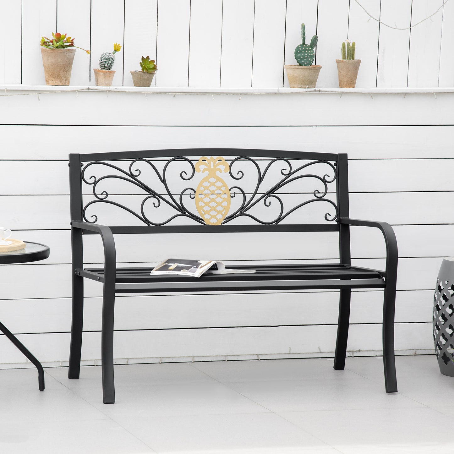 Outsunny 2 Seater Garden Bench 45" x 21.75" x 35.5" Steel Frame Loveseat for Yard, Lawn, Porch, Patio, Black and Gold