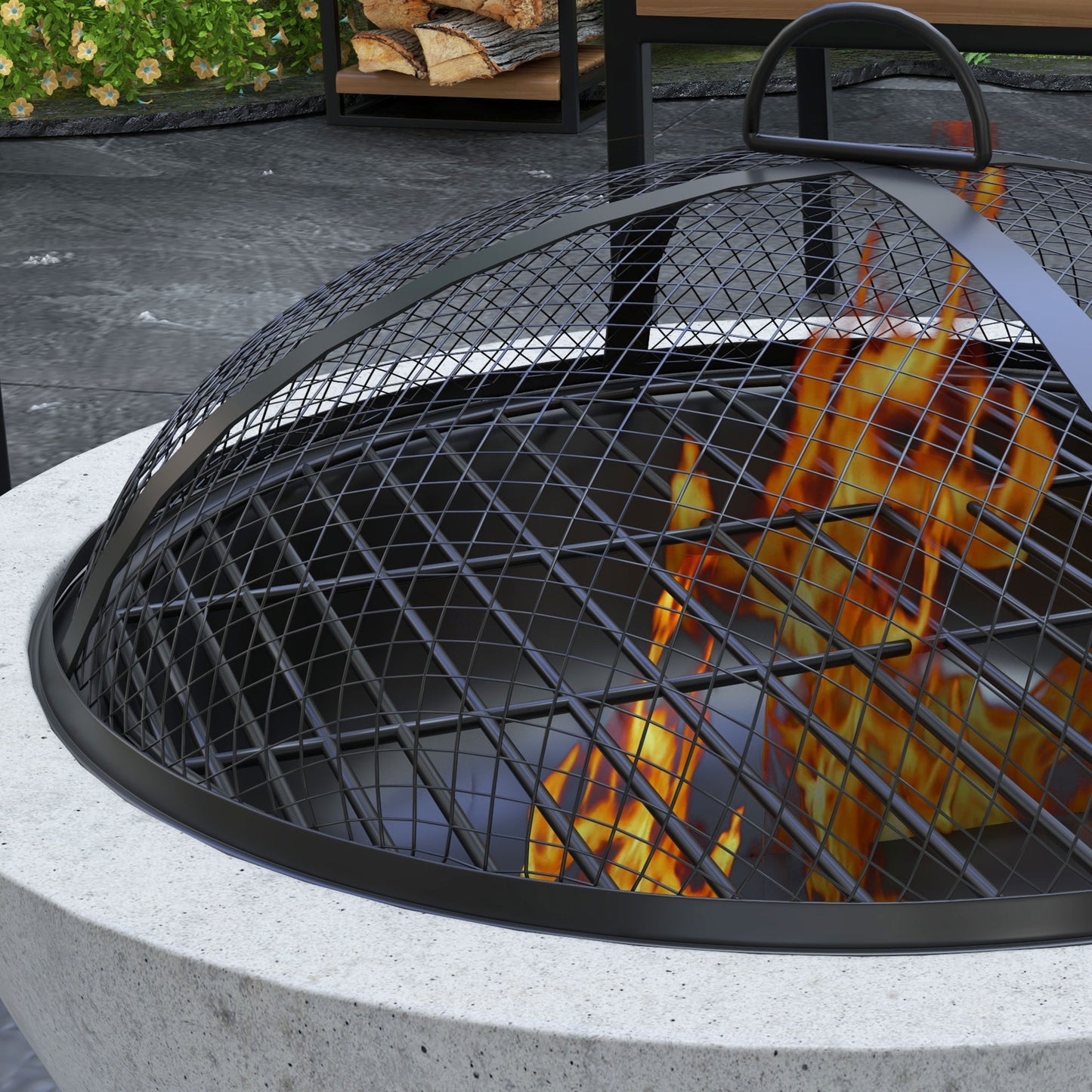 2-in-1 Fire Pit BBQ Charcoal Grill, 24" Wood-burning Firepit with Mesh Lid and Poker, Grey