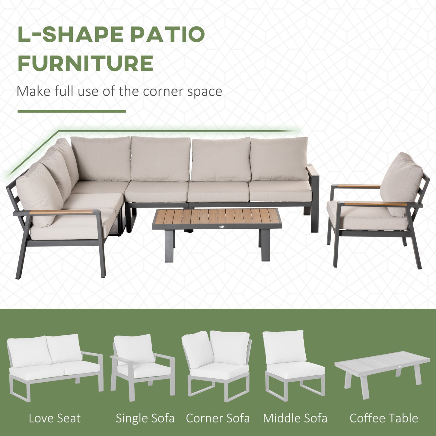 6-Piece L-shaped Patio Furniture Set for 7, Aluminium Conversation Set Sectional Corner Sofa Set with Widened Seat, Teak Wood Top Coffee Table & Cushions, Cream White