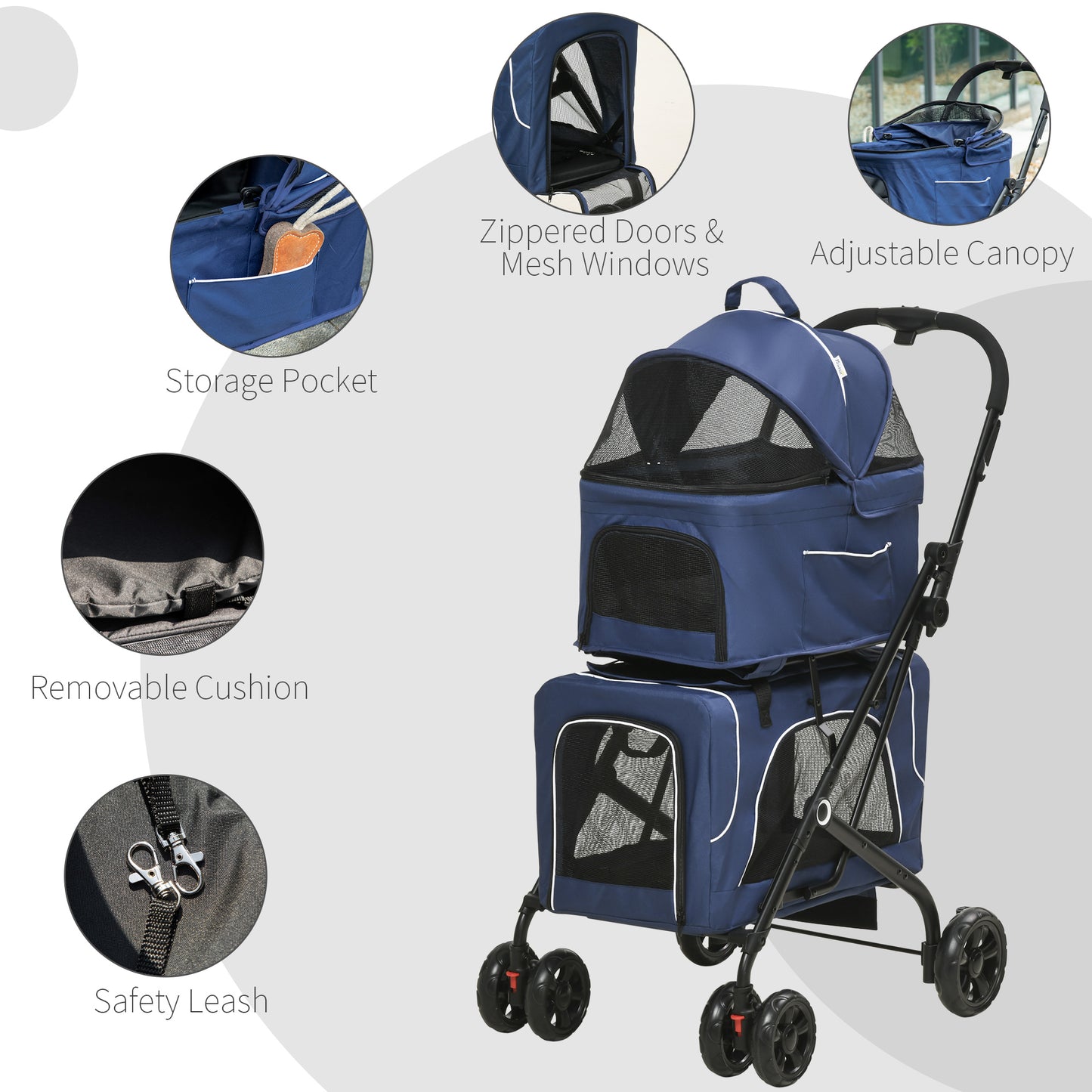 3-in-1 Double Pet Stroller for Small Miniature Dogs Cats with Removable Carrier, Foldable Travel Carrier Bag, Car Seat, Blue