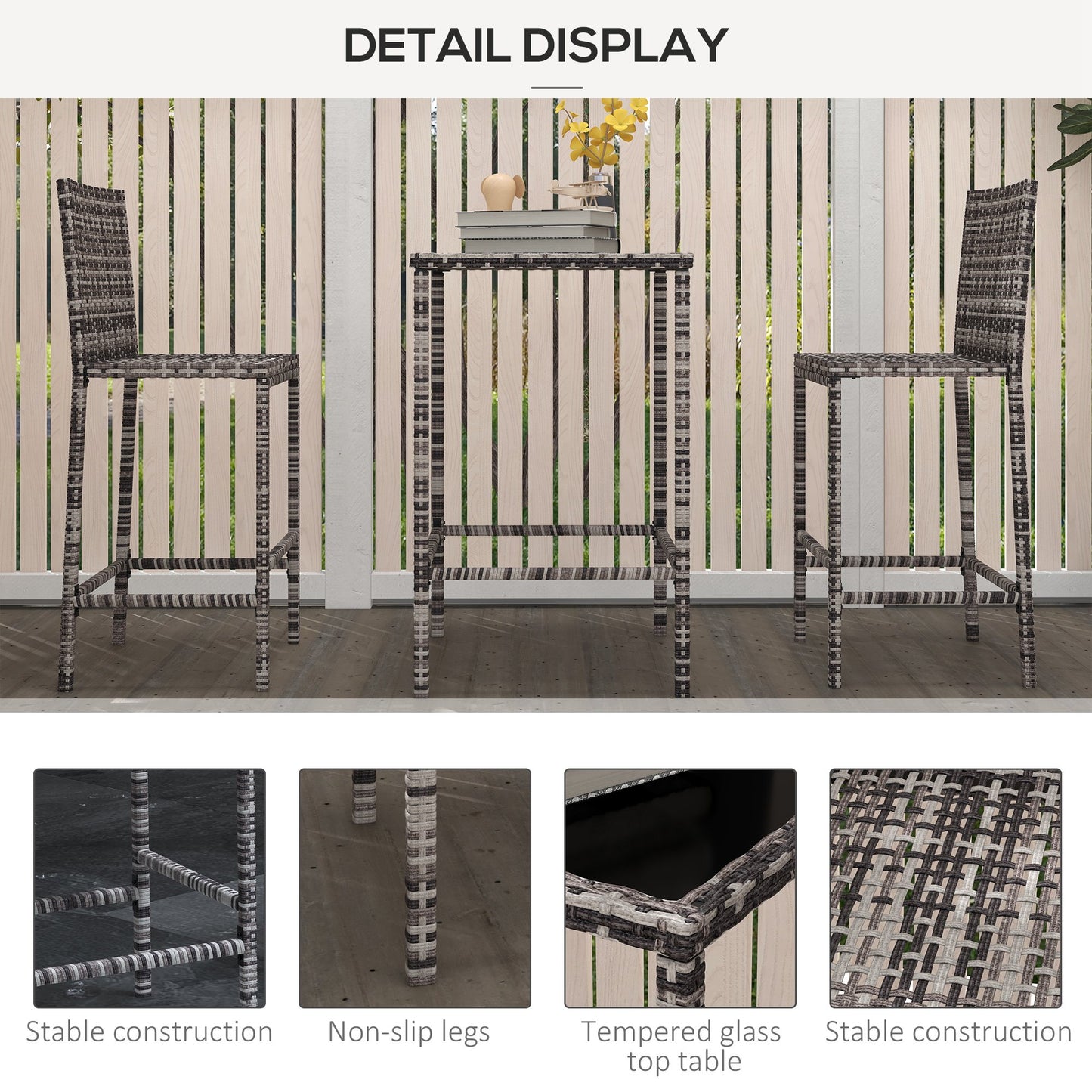 3 Piece Patio Bar Set Wicker Rattan Garden Bistro Set Barstool and Table for Patio Backyard Balcony Poolside, Grey