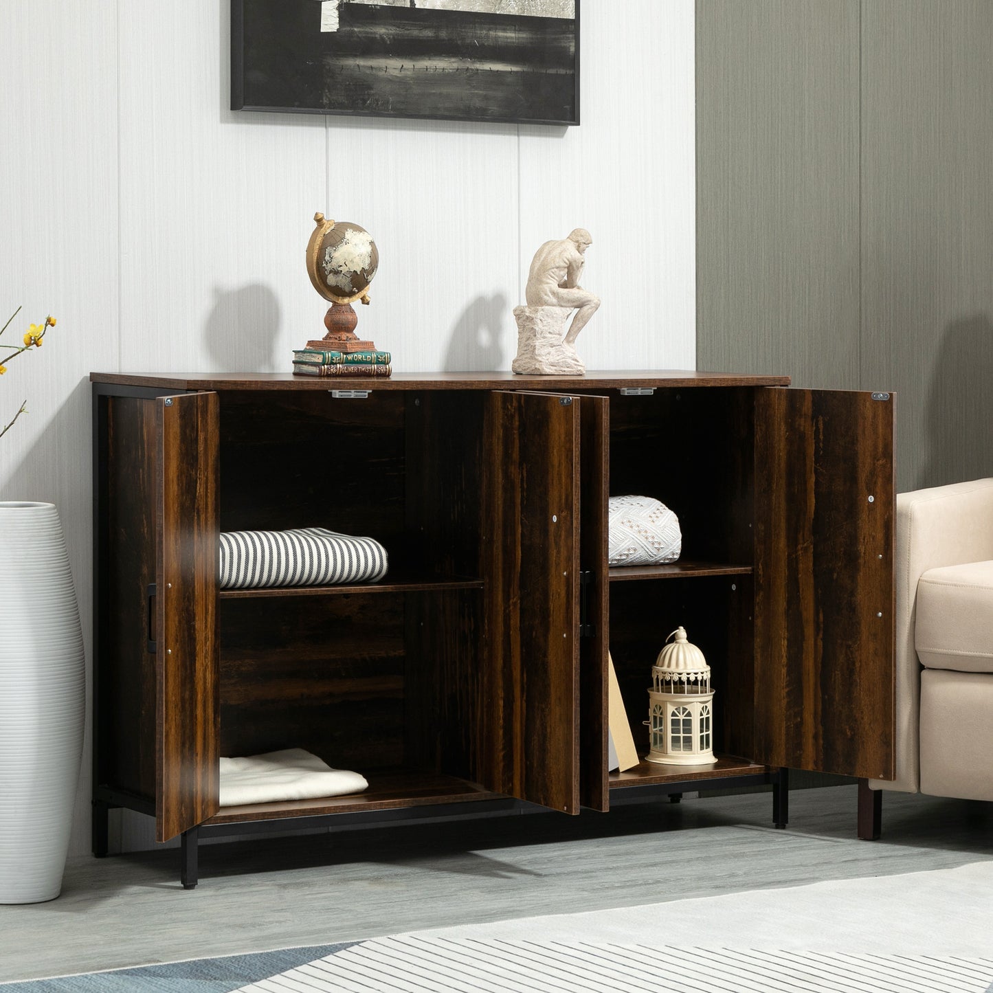 Industrial Sideboard, Buffet Cabinet with Doors, Buffet Table with Adjustable Shelves and Steel Frame, Rustic Brown