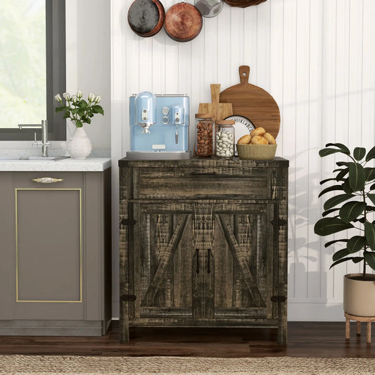 Farmhouse Kitchen Storage Cabinet or Entryway with 2 Rustic Barn Doors and Drawer, Dark Oak look