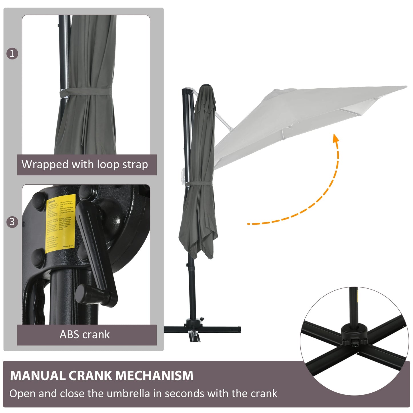 8' x 8' Square Patio Hanging Offset Umbrella with 360° Rotation, Aluminum, Crank & Tilt, with Cross Base, Grey