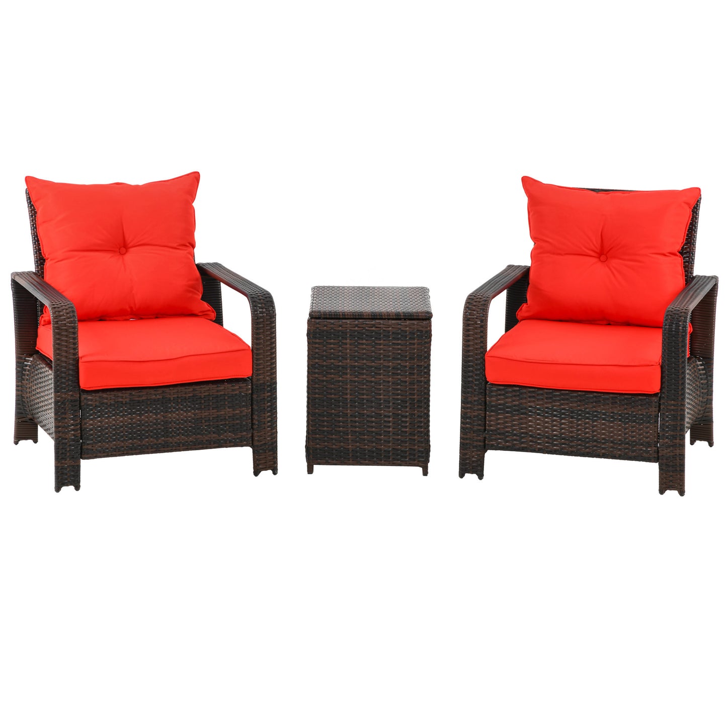 3 Pieces Patio Bistro Set with 2 Padded Chairs and 1 Storage Side Table, PE Rattan Garden Sofa Set with Removable Cushion Cover, Red