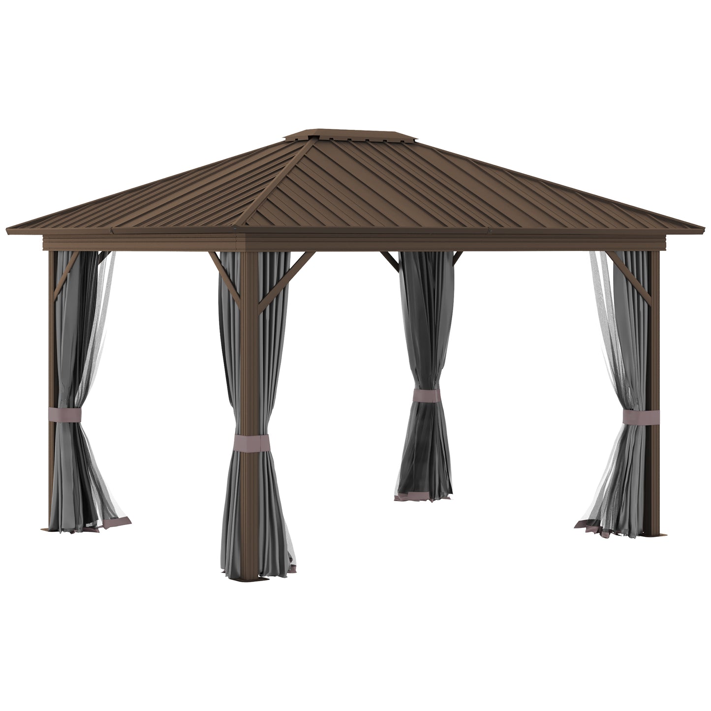 10' x 12' Hardtop Gazebo Canopy with Galvanized Steel Roof, Aluminum Frame, Permanent Pavilion Outdoor Gazebo with Netting, Curtains, Top Hook, Dark Grey