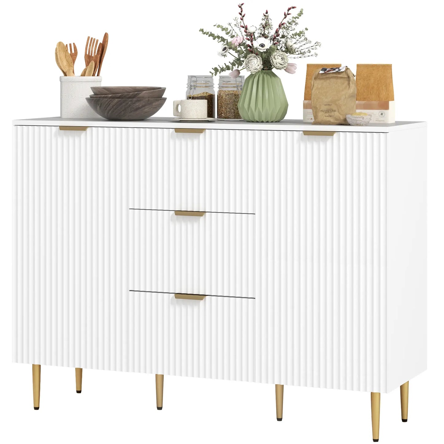 Sideboard Buffet Cabinet w/ 3 Drawers and Adjustable Shelves for Kitchen Hallway, White