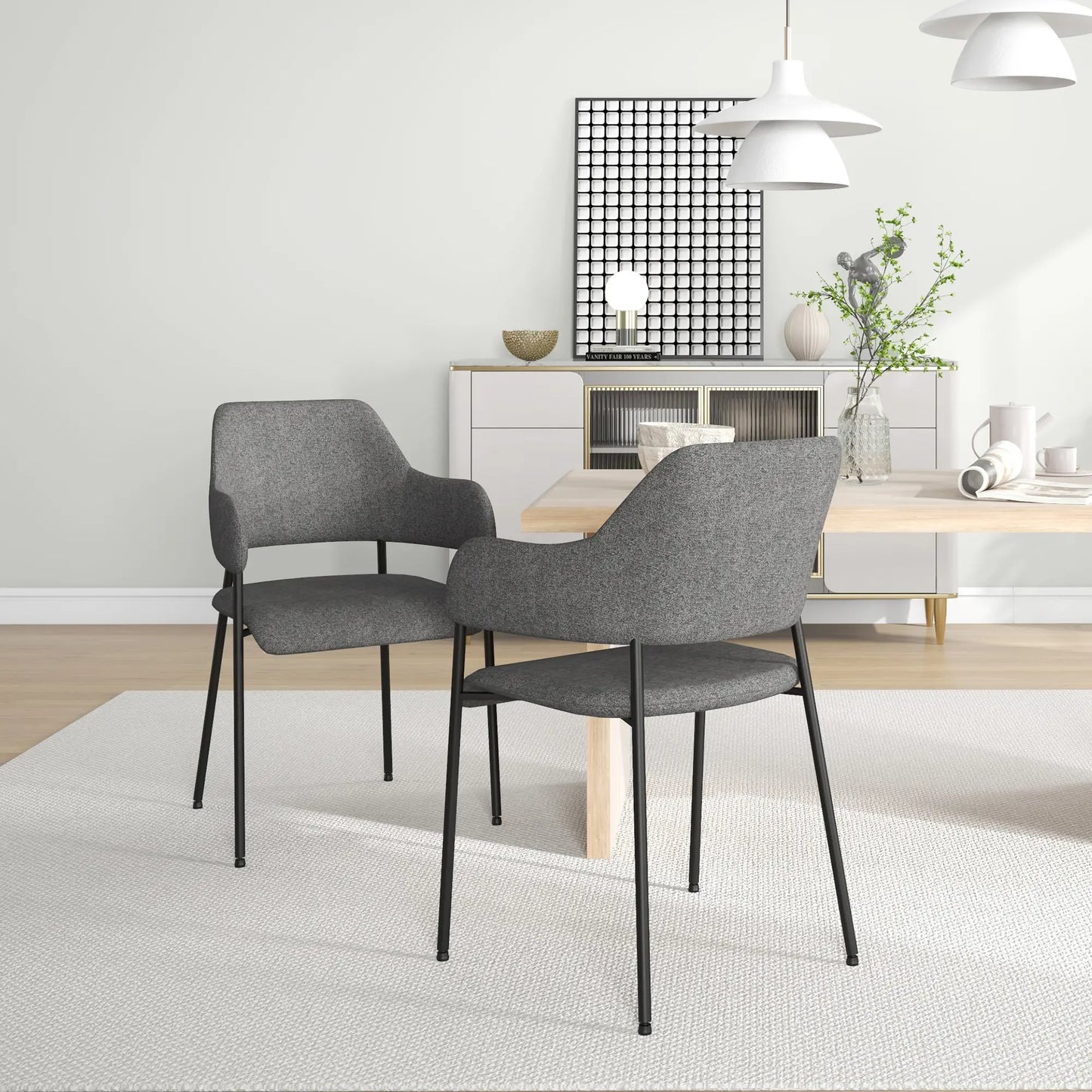 Set of 2, Fabric Kitchen Chairs with Armrests and Steel Legs in Black