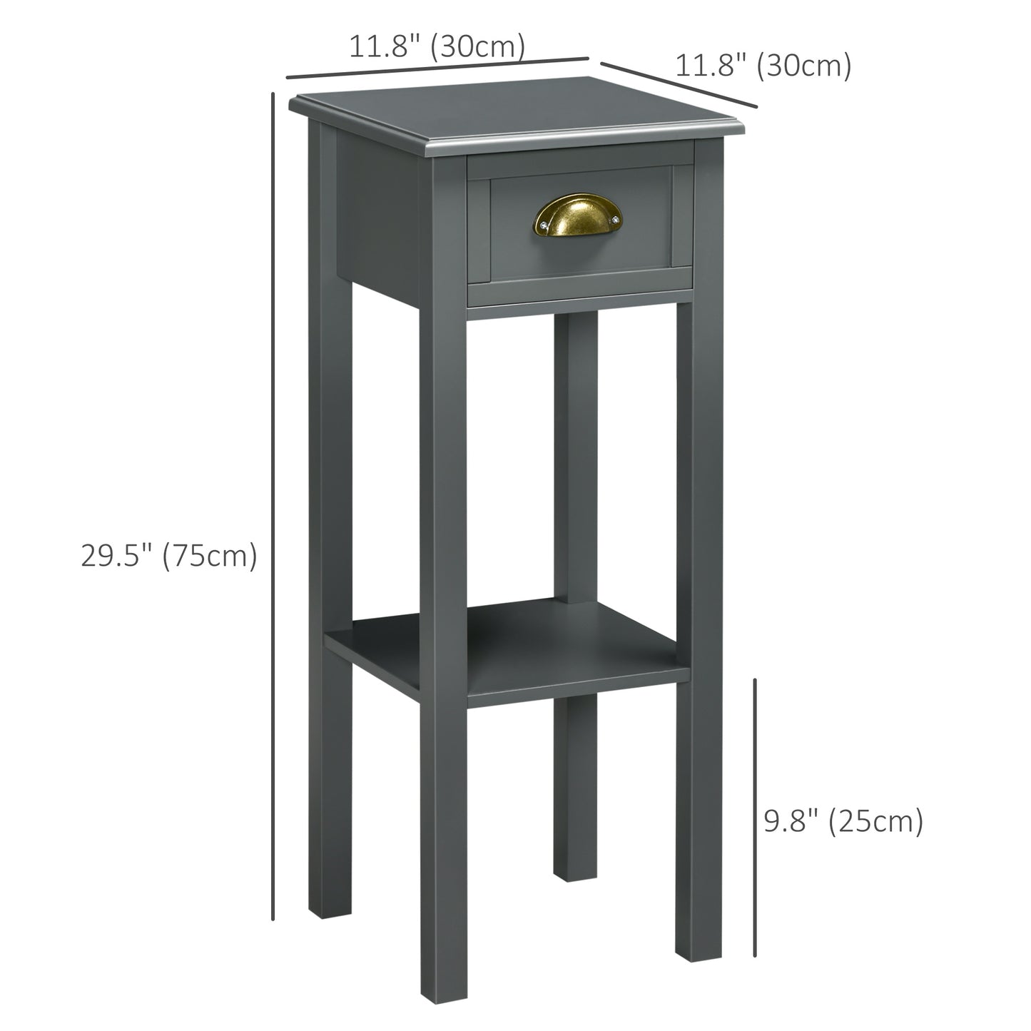 2 Tier Side Table, Set of 2, Narrow Tall End Table with Drawer and Shelf, Slim Wooden Nightstand for Living Room, Bedroom, Hallway, Grey