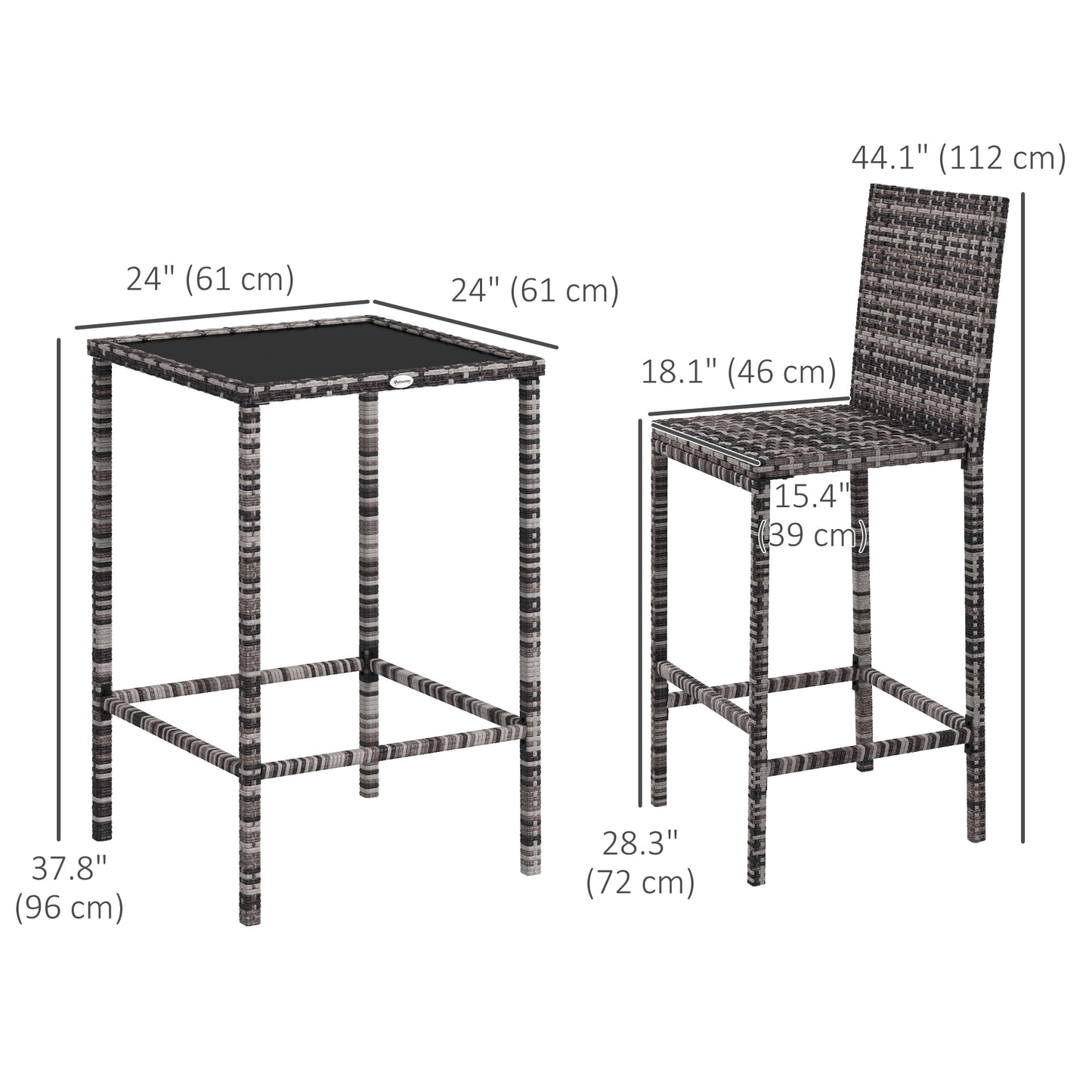 3 Piece Patio Bar Set Wicker Rattan Garden Bistro Set Barstool and Table for Patio Backyard Balcony Poolside, Grey