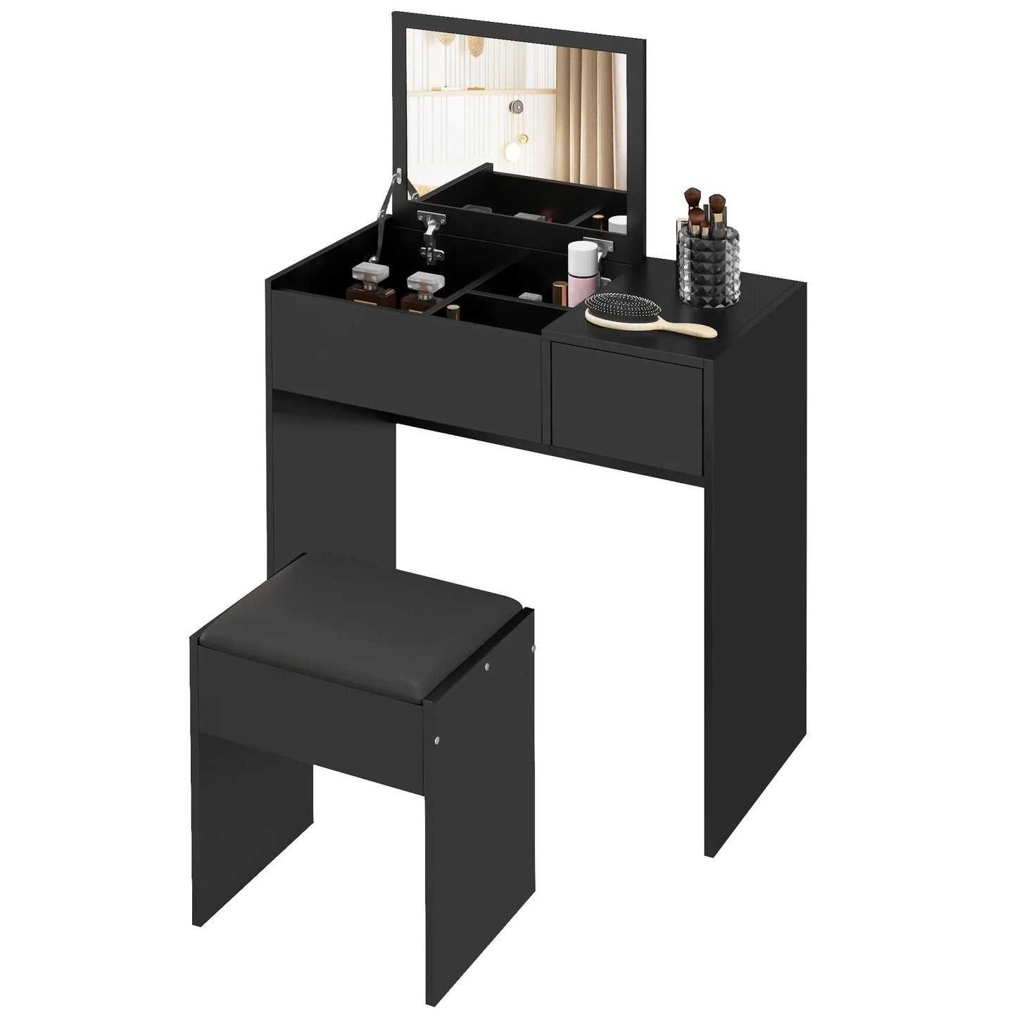 Vanity Set with Flip Top Mirror and Cushioned Stool, Black