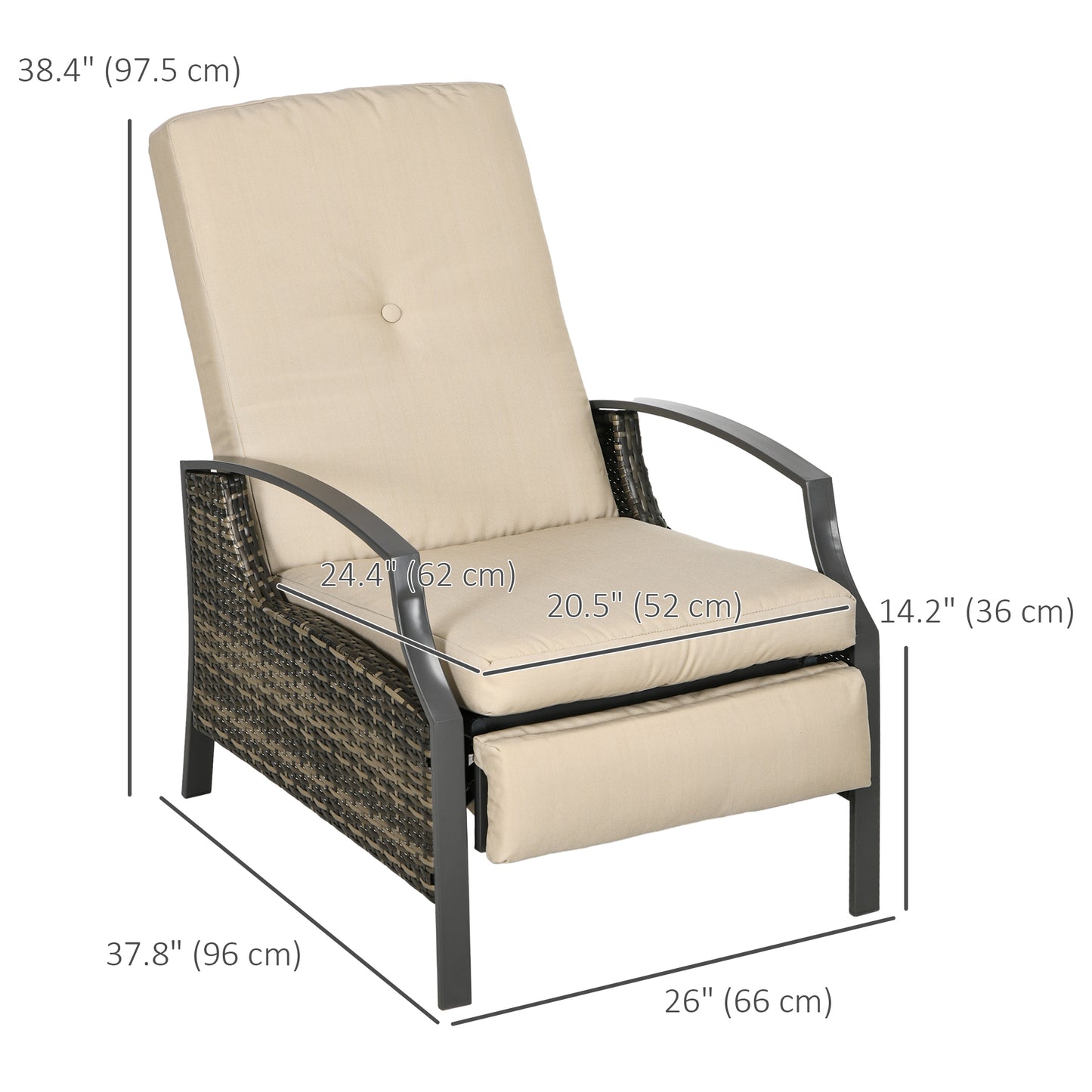 Rattan Recliner Chair for Outside Wicker Reclining Chair with Adjustable Back Retractable Footrest Cushion Khaki