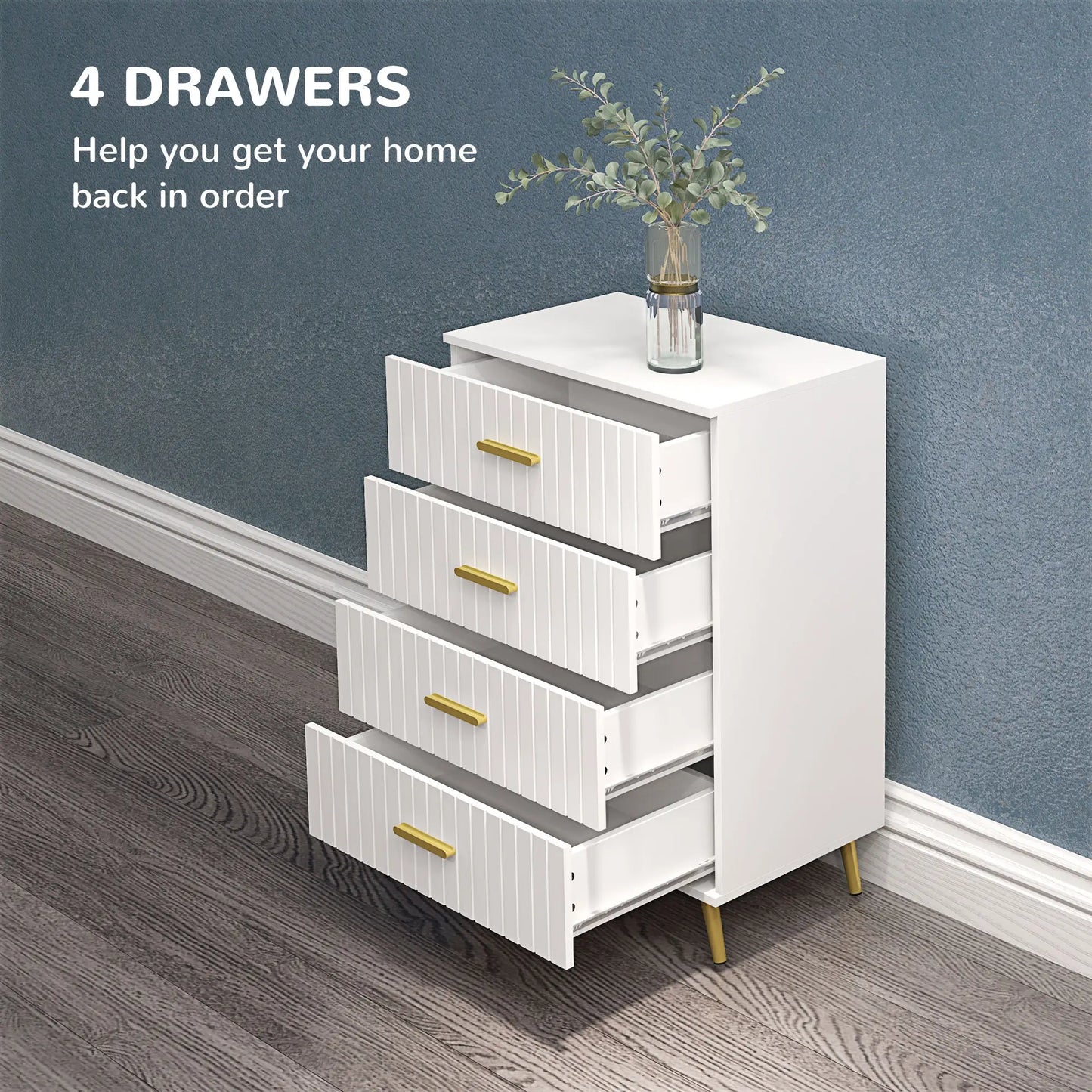 4 Drawer Dresser with Aluminium Legs and Gold Handles, White