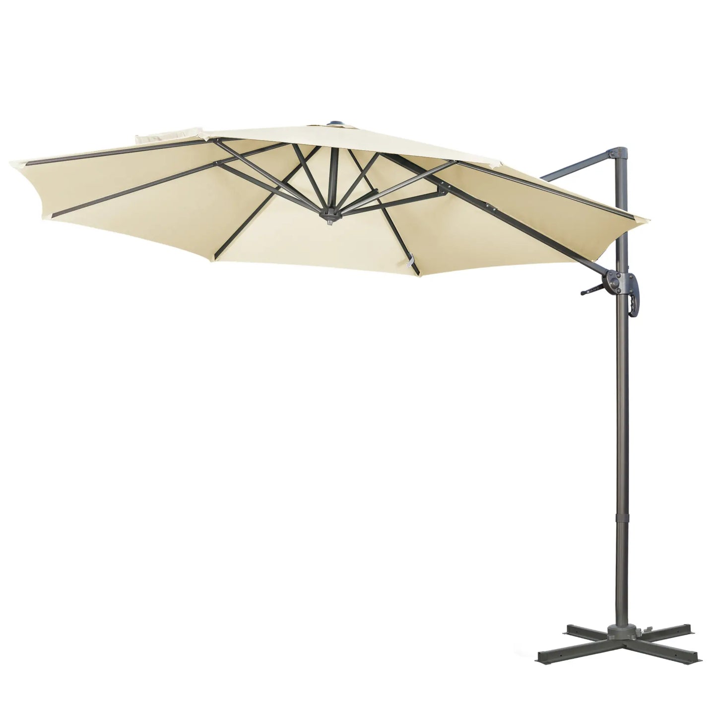 9.6' Cantilever Patio Umbrella Outdoor Hanging Offset Umbrella with Cross Base 360° Rotation Aluminum Poles in Cream White