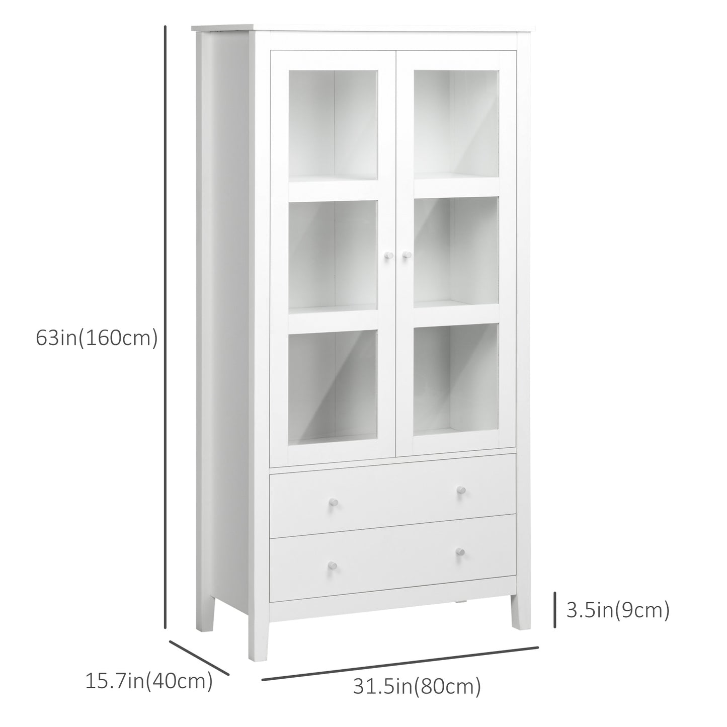 Kitchen Pantry Cabinet, Freestanding Storage Cabinet with 3-tier Shelves, 2 Drawers and Glass Doors, White
