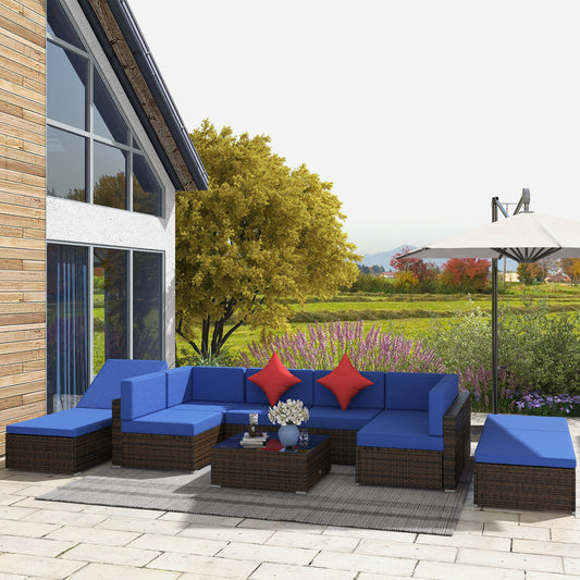 9 Pieces Wicker Patio Furniture Set with Cushion, Navy Blue