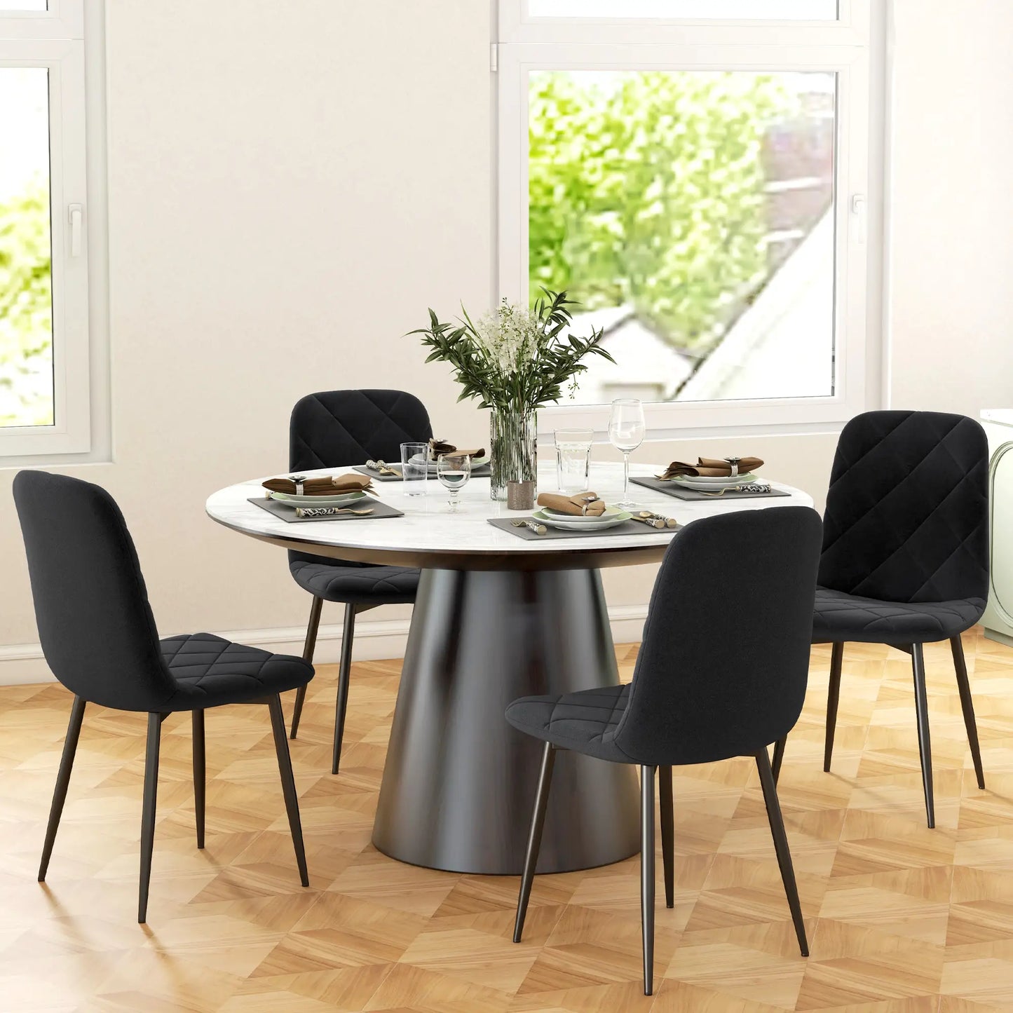 Set of 4 Dining Chair, Upholstered with Steel Legs, Black