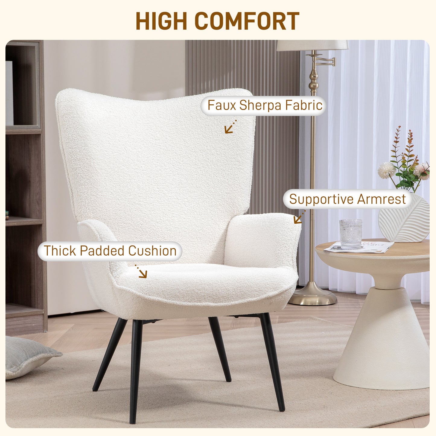 Accent Sherpa Chair, Upholstered, Fluffy Wingback for Living Room, Reading Room, Cream White