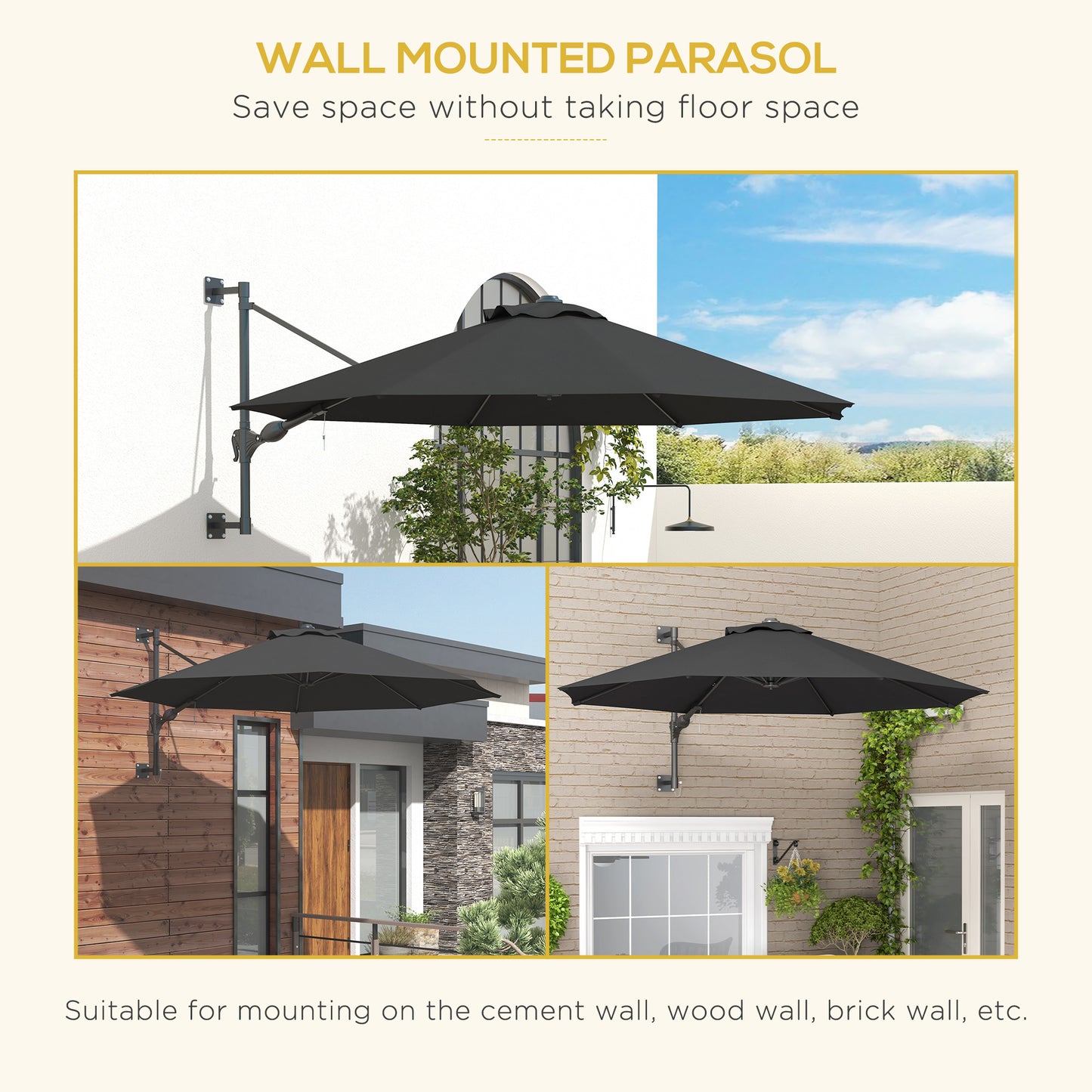 9.6 x 9.6 ft Wall Mounted Umbrella with Rotate, Patio Market Umbrella Parasol for Outdoor with Crank, Charcoal Grey