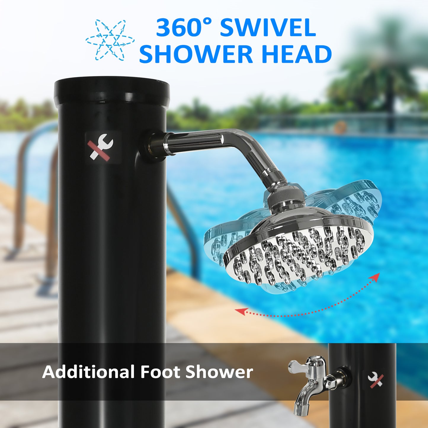 7.3FT 5.3 Gallon Solar Heated Shower, 2-Section Outdoor Shower with Shower Head, Foot Shower, Temperature Display for Backyard, Poolside, Spa, Beach, Black