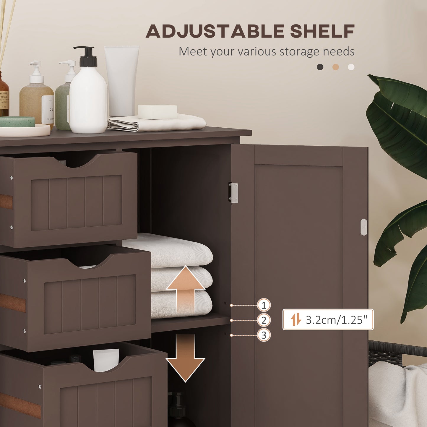 Bathroom Storage Cabinet with Adjustable Shelf and 4 Drawers, in Brown