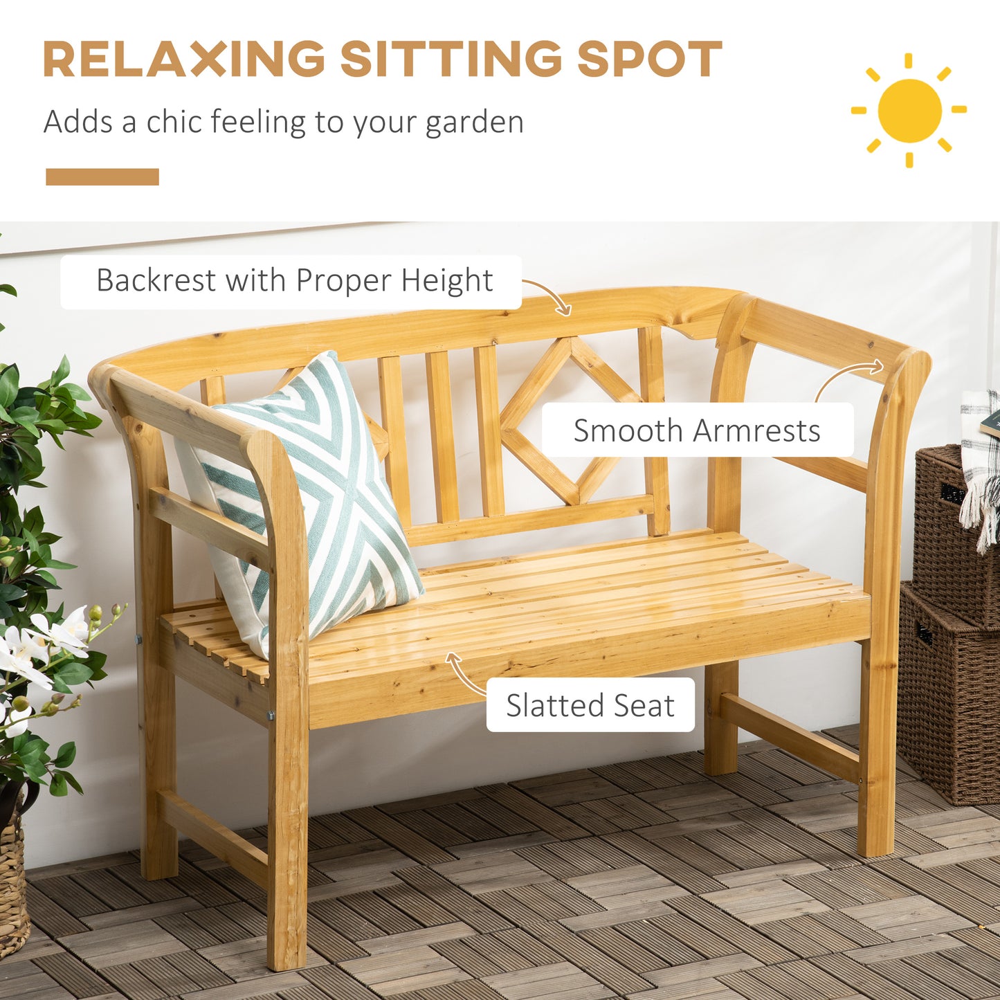 Outsunny Outdoor Wooden Bench, Patio Loveseat Chair with Stylish Pattern Backrest and Armrests for Yard, Lawn, Porch, Natural