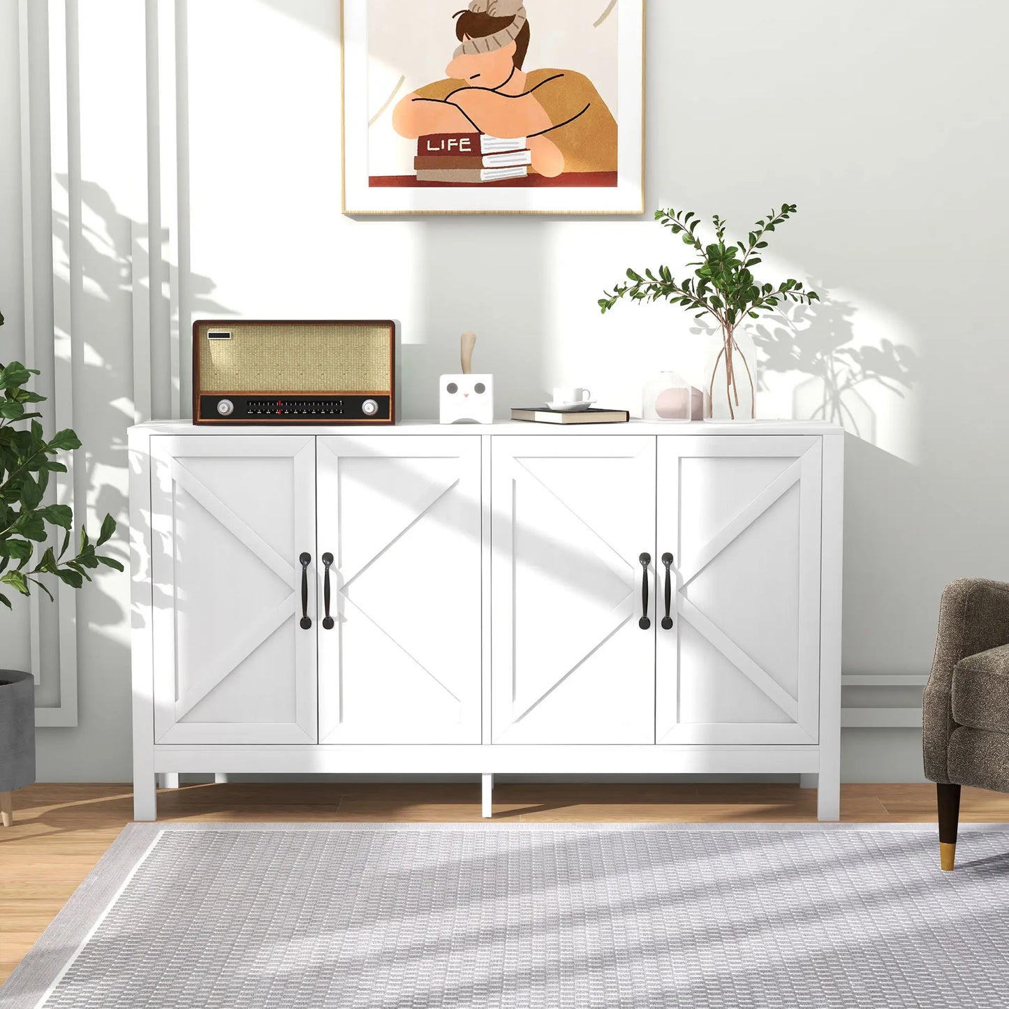 Sideboard Buffet with Barn Door and Adjustable Shelf in White