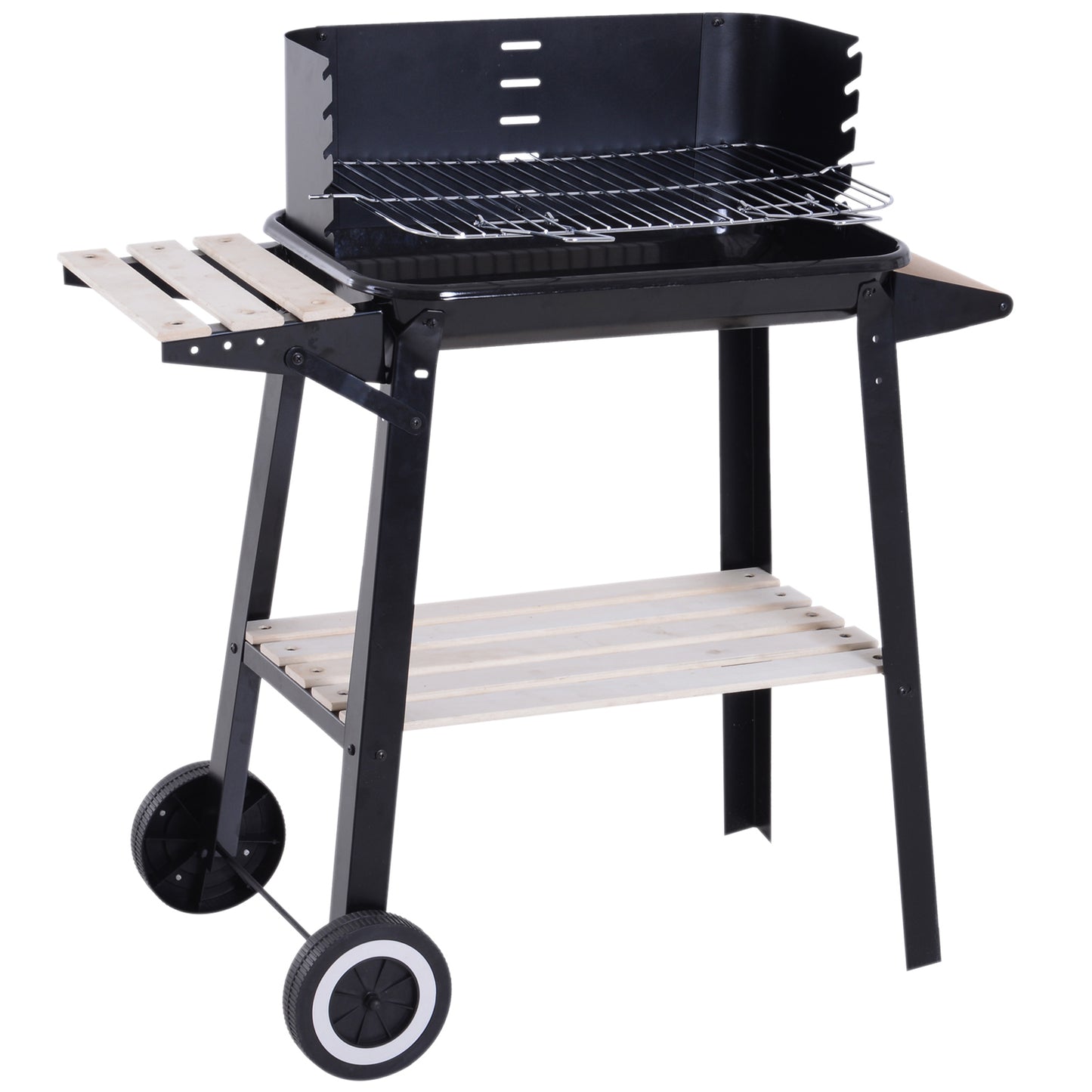 Outsunny Trolley Charcoal BBQ Barbecue Grill Outdoor Patio Garden Heating Smoker with Side Trays Storage Shelf and Wheels