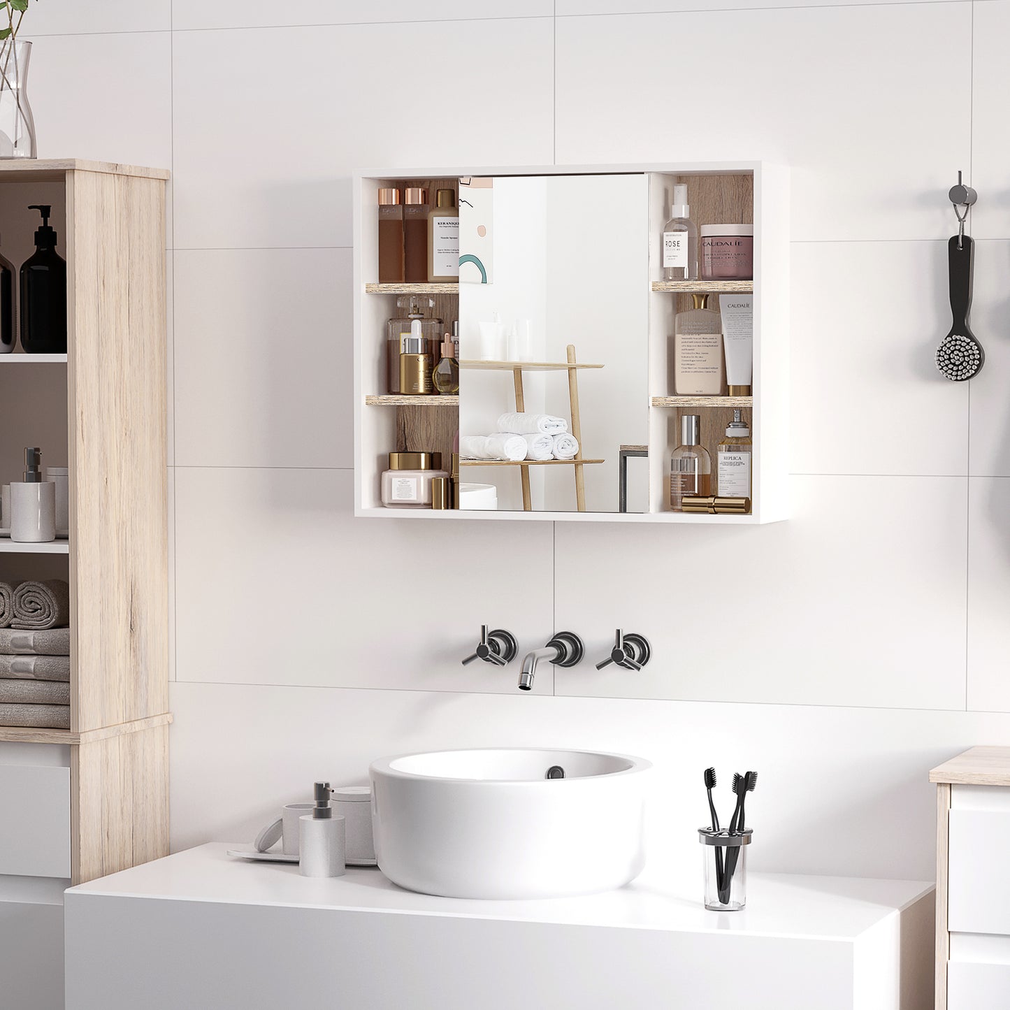 Wall-Mounted Bathroom Medicine Cabinet with Mirror, Over Toilet Bathroom Vanity Cabinet White & Oak