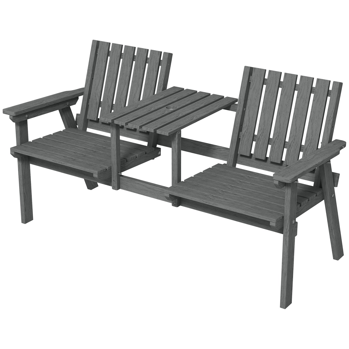 Garden Bench for 2 Persons with Middle Table and Umbrella Hole, 2-Seater Outdoor Wooden Bench with Slat Design, Grey