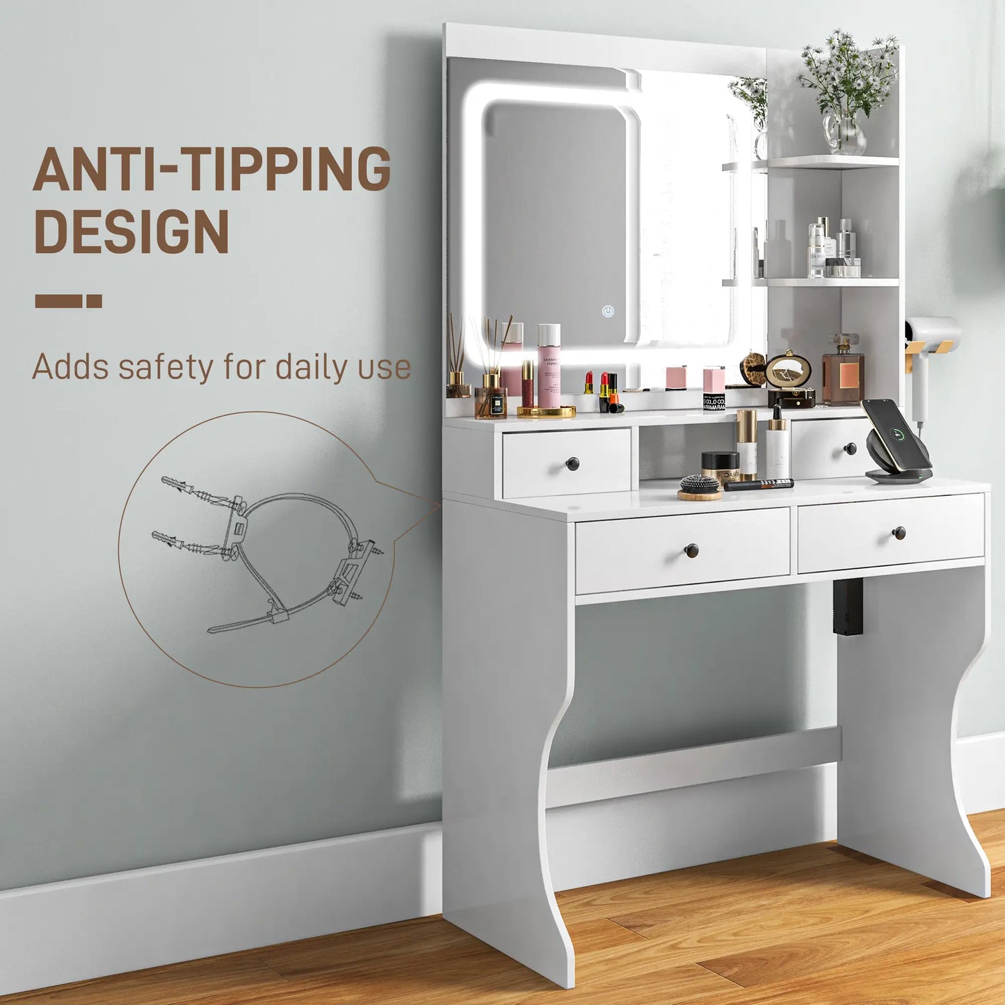 Vanity with Lighted Mirror, Charging Station, USB Ports, Drawers, Storage Shelves in White