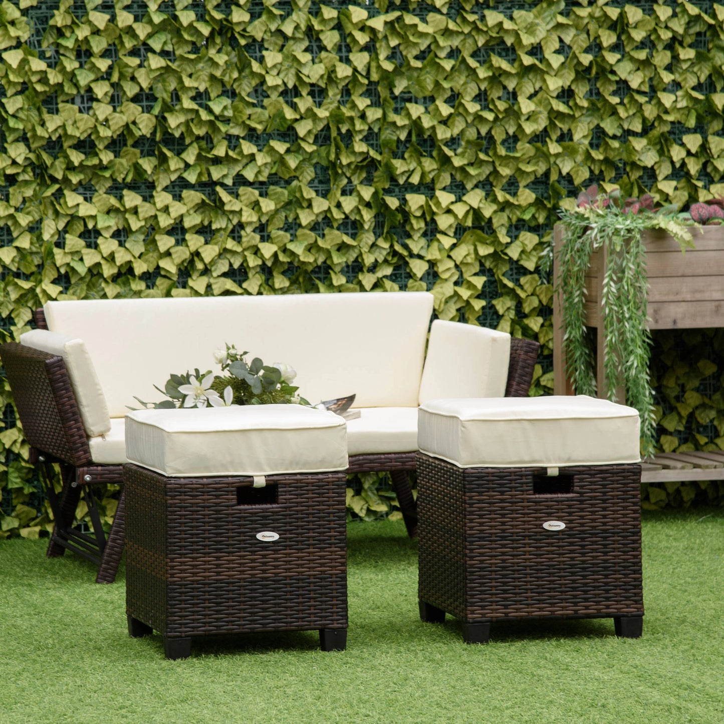 2 PCS Patio Wicker Ottoman Set, Two Square Outdoor PE Rattan Footrest with Removable Cushion, Freely Combined Furniture w/ Handle for Backyard, Garden, Poolside, in Beige