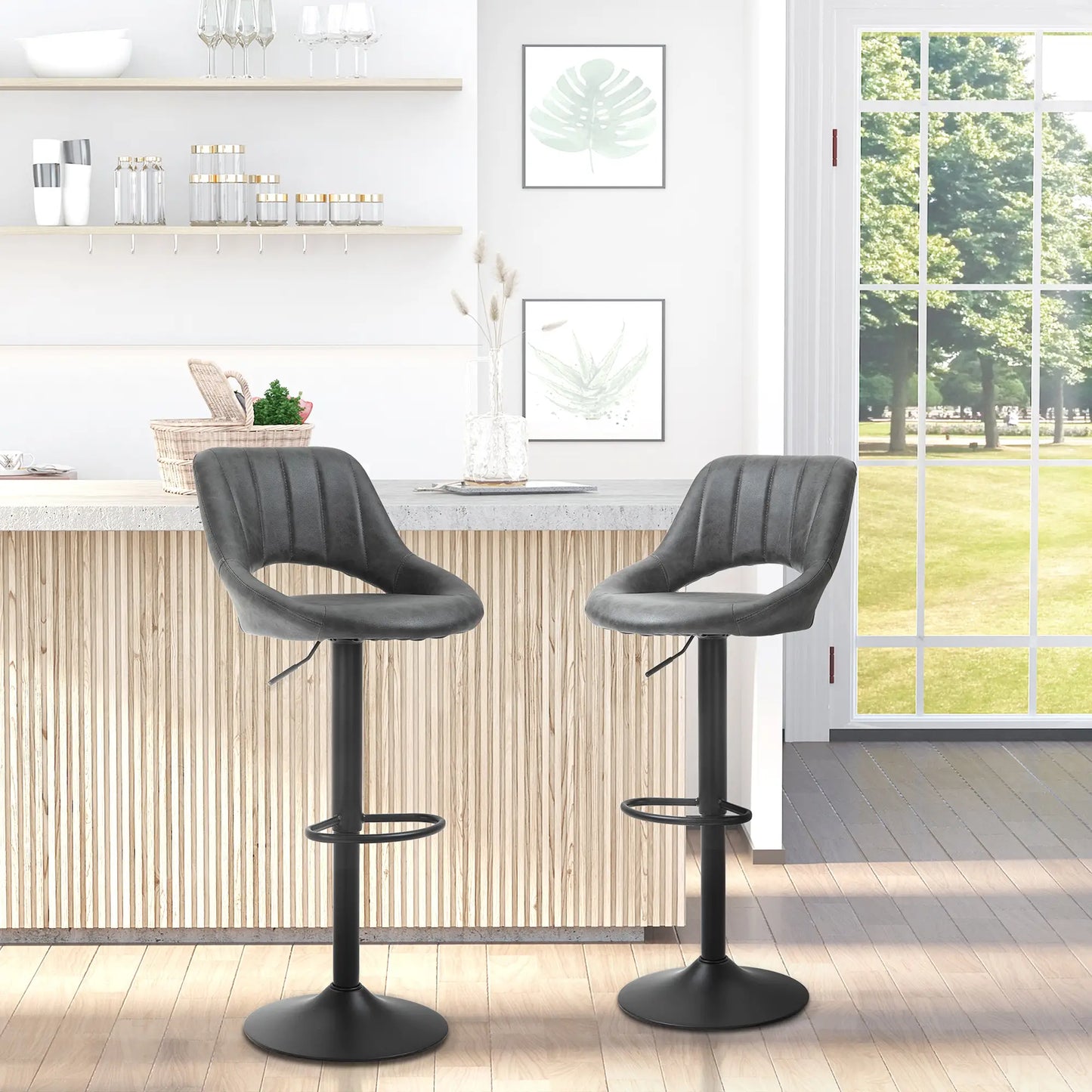 Set of 2 Adjustable Bar Stools with PU Upholstered Back, Footrest and Round Base in Grey