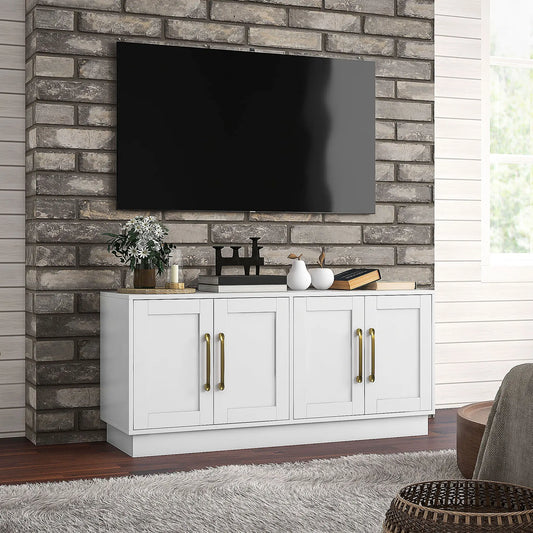 Modern TV Stand for up to 55" TV with 4 Soft Hinged Doors, 4 Cable Holes and 2 Adjustable Shelves, White