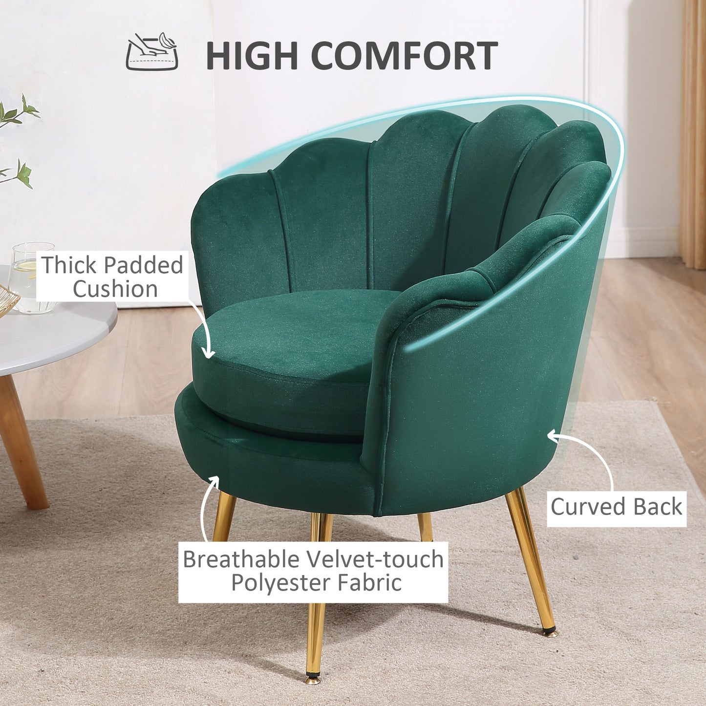 Modern Accent Chair, Velvet-Touch Fabric Leisure Chair with Gold Metal Legs, Dark Green