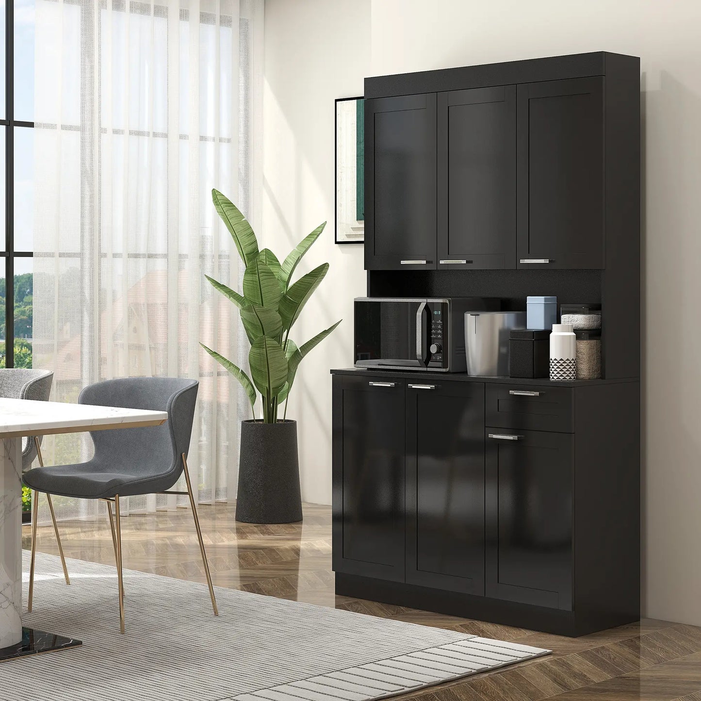 Kitchen Pantry Cabinet with Large Storage, Adjustable Shelves, High Gloss Black