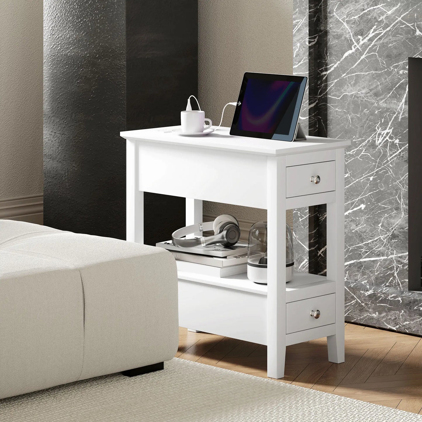 Narrow Side Table with Charging Station, USB Ports, Modern End Table with Storage Shelf, Drawers for Living Room, White