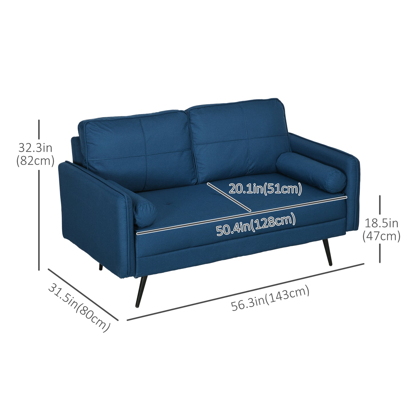 56" Loveseat Sofa with Back Cushions and Pillows, Blue