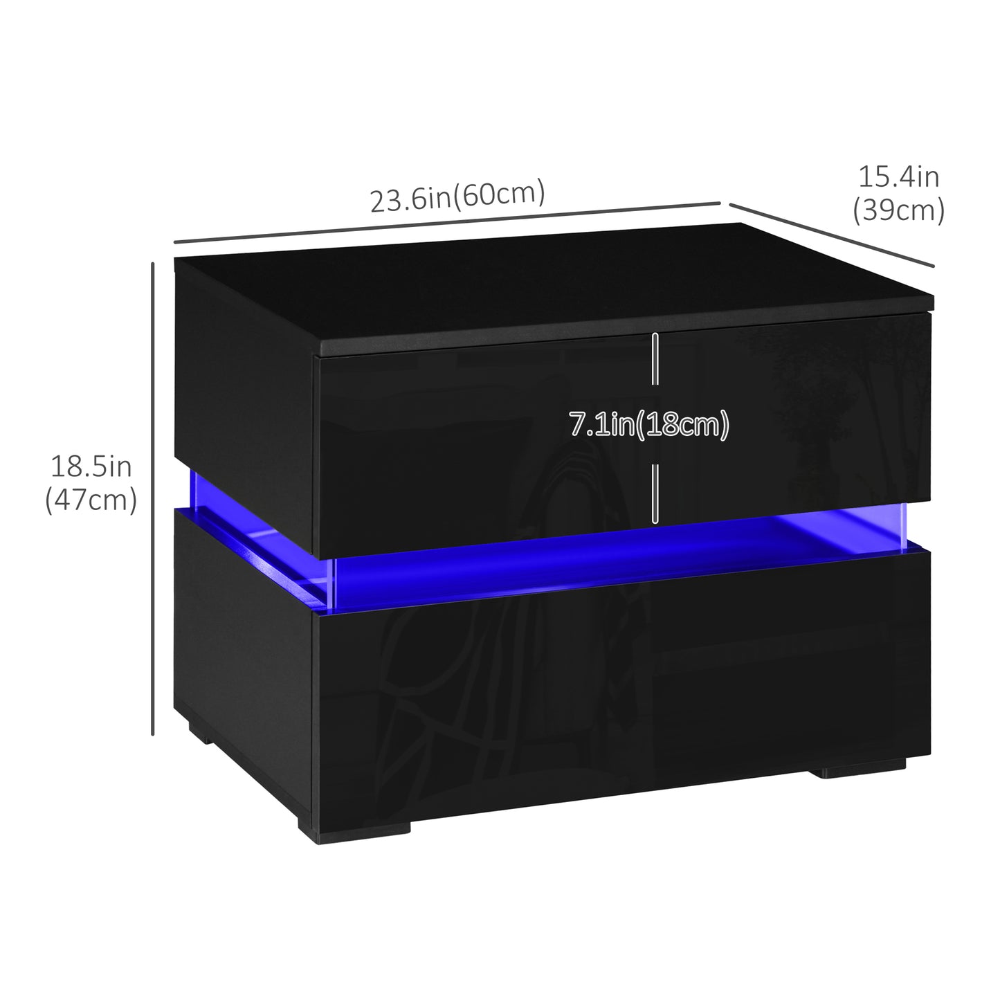 Modern Nightstand, Bedside Table with 2 High Gloss Drawers, USB Powered RGB LED Lights, Remote , Black