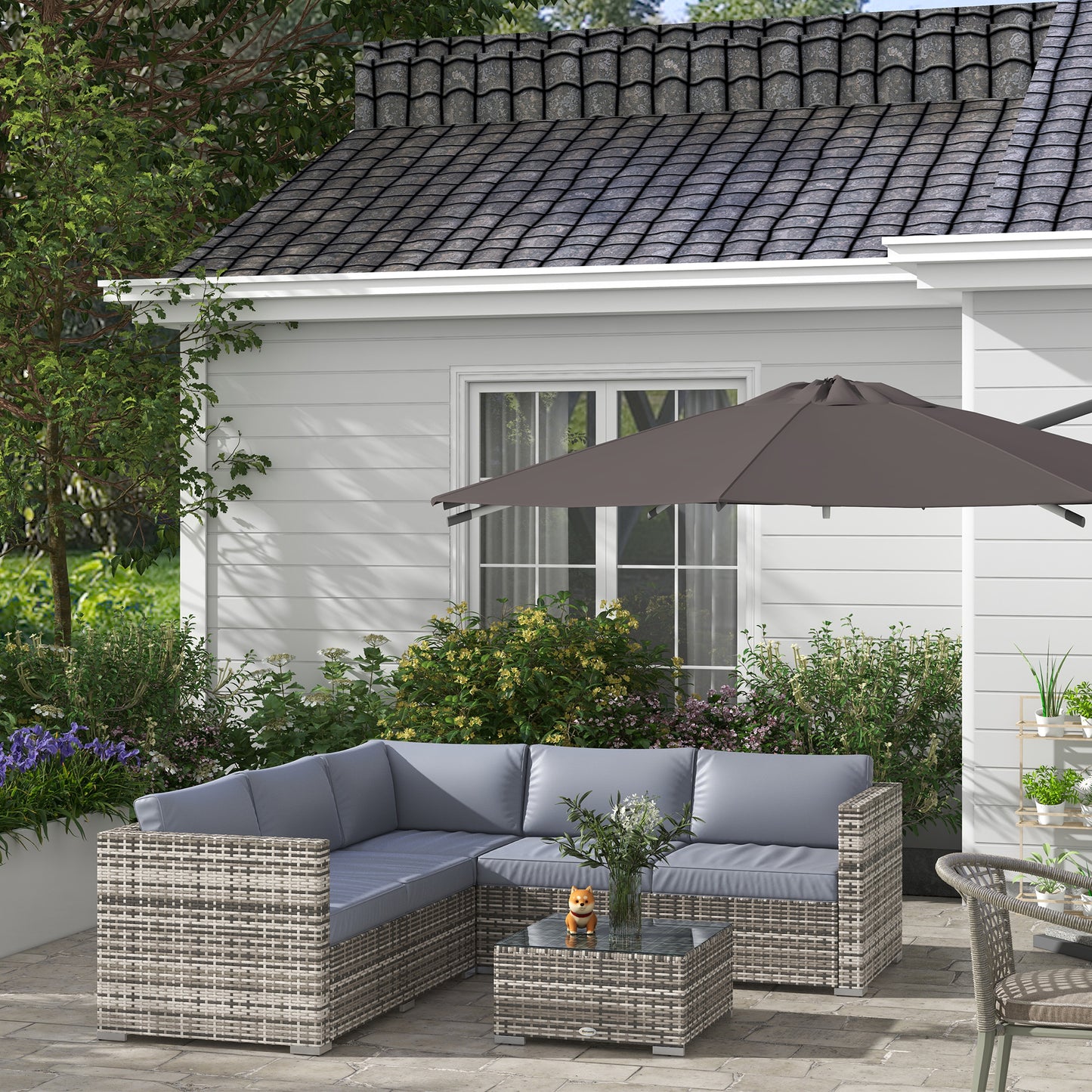 Outsunny 4 Pieces Rattan Wicker Outdoor Conversation Furniture Set w/ Corner Sofa Loveseats Coffee Table Cushions, Grey