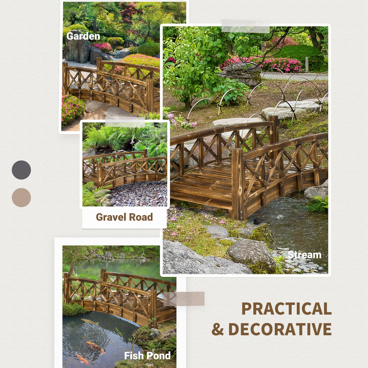 4FT Wooden Garden Bridge, Arc Footbridge with Safety Rails, Outdoor Decorative Landscaping for Pond Backyard Stream, Stained Wood