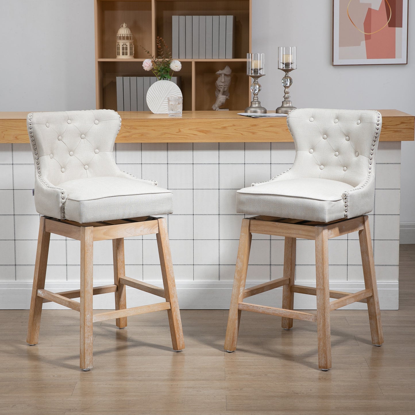 Bar Height Bar Stools Set of 2, 180° Swivel Kitchen Stools, Upholstered Nailhead-Trim Bar Chair, 30" Seat Height with Rubber Wood Legs, Beige