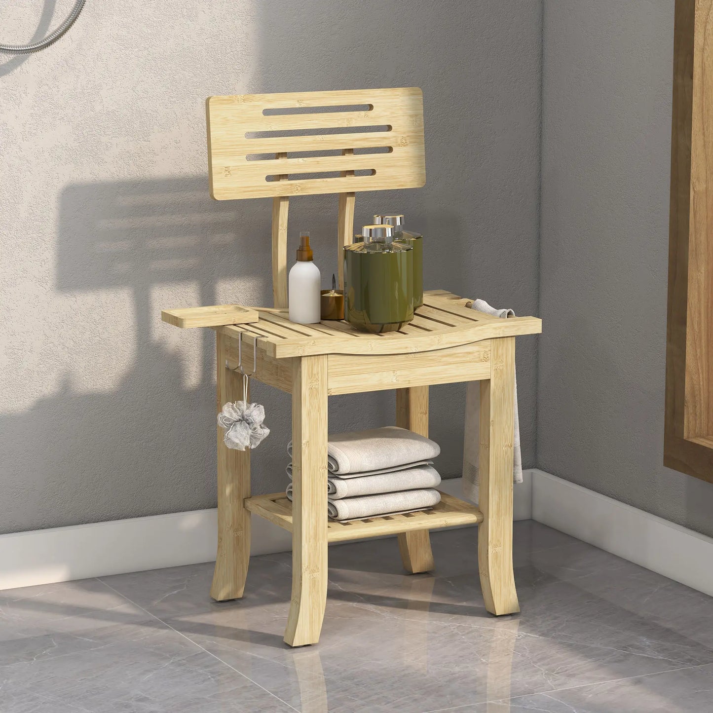 Bathroom Bench with Towel Rack, Shower Head Holder and Soap Dish, Natural Wood