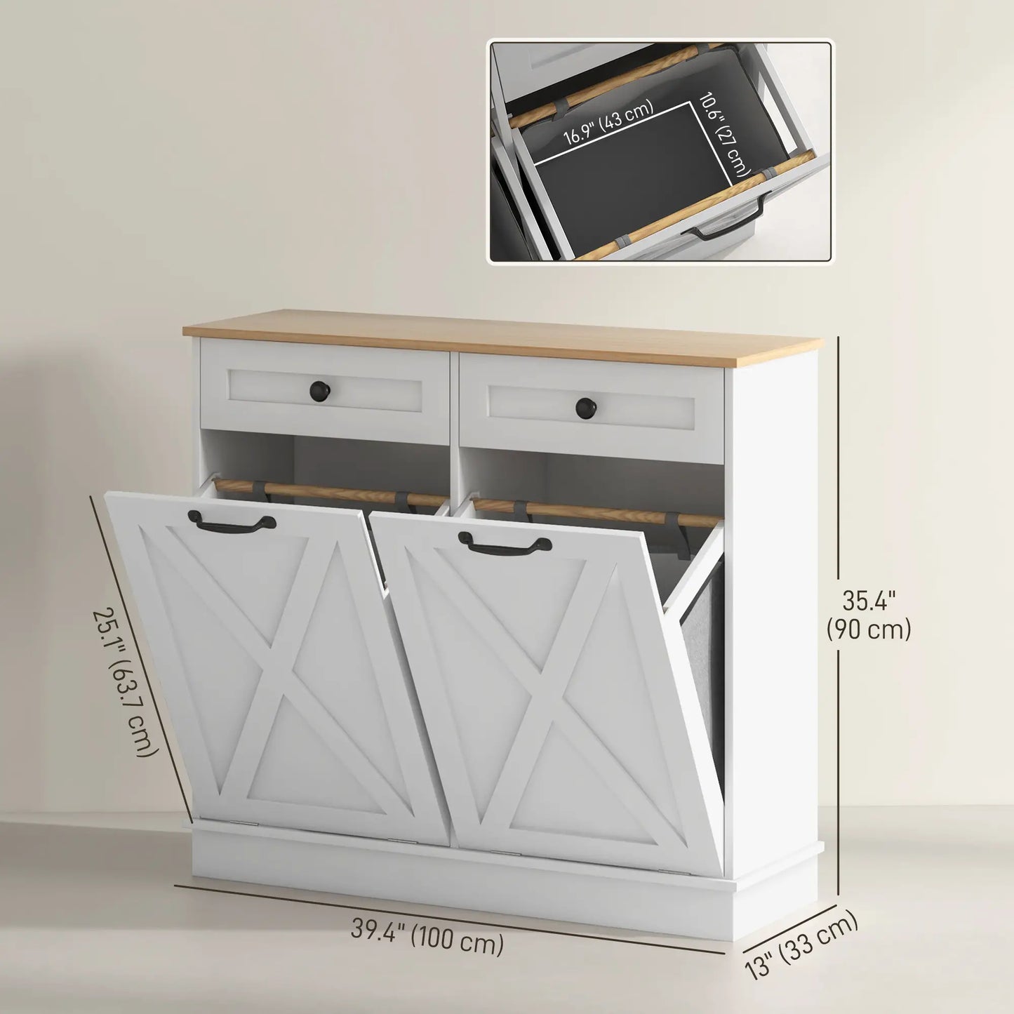 Tilt Out Laundry Cabinet, Bathroom Storage Cabinet with 2 Removable Baskets and 2 Drawers, White