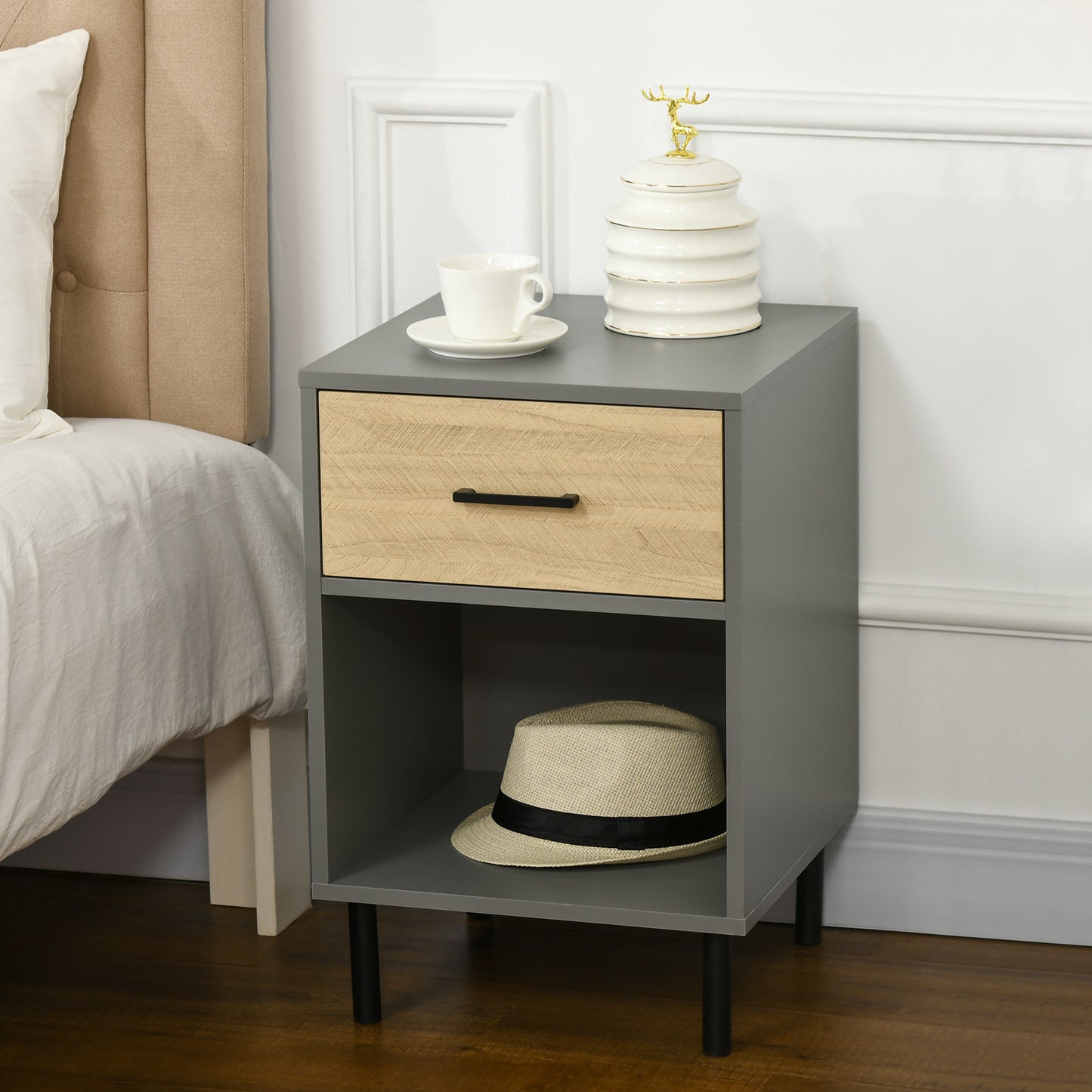 Nightstand Set of 2, Side Table with Drawer, Storage Shelf, End Table for Living Room Bedroom, Grey and Oak