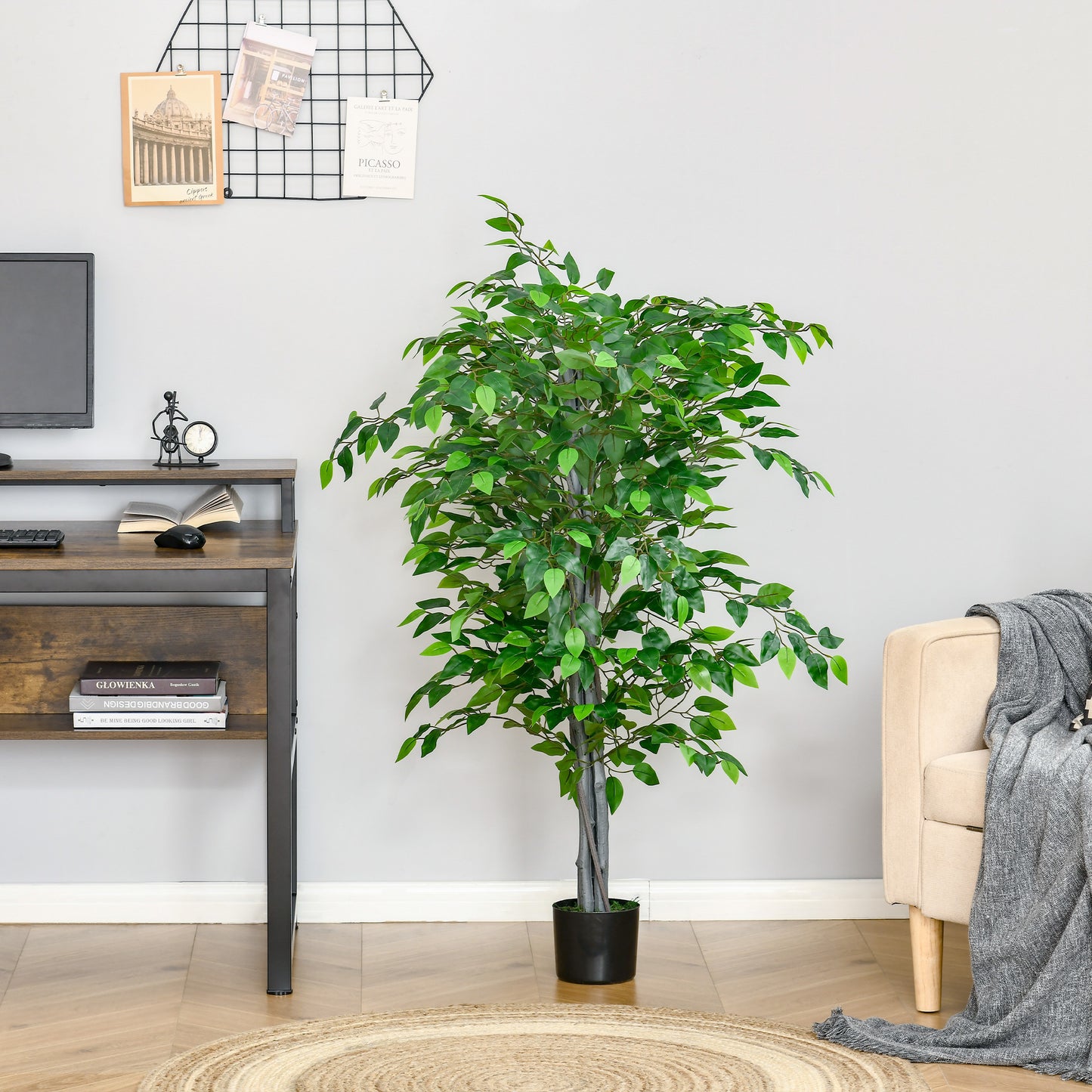 4.5ft Ficus Artificial Plant with Realistic Leaves, Potted Fake Tree for Home Office Indoor Outdoor Decor, Green